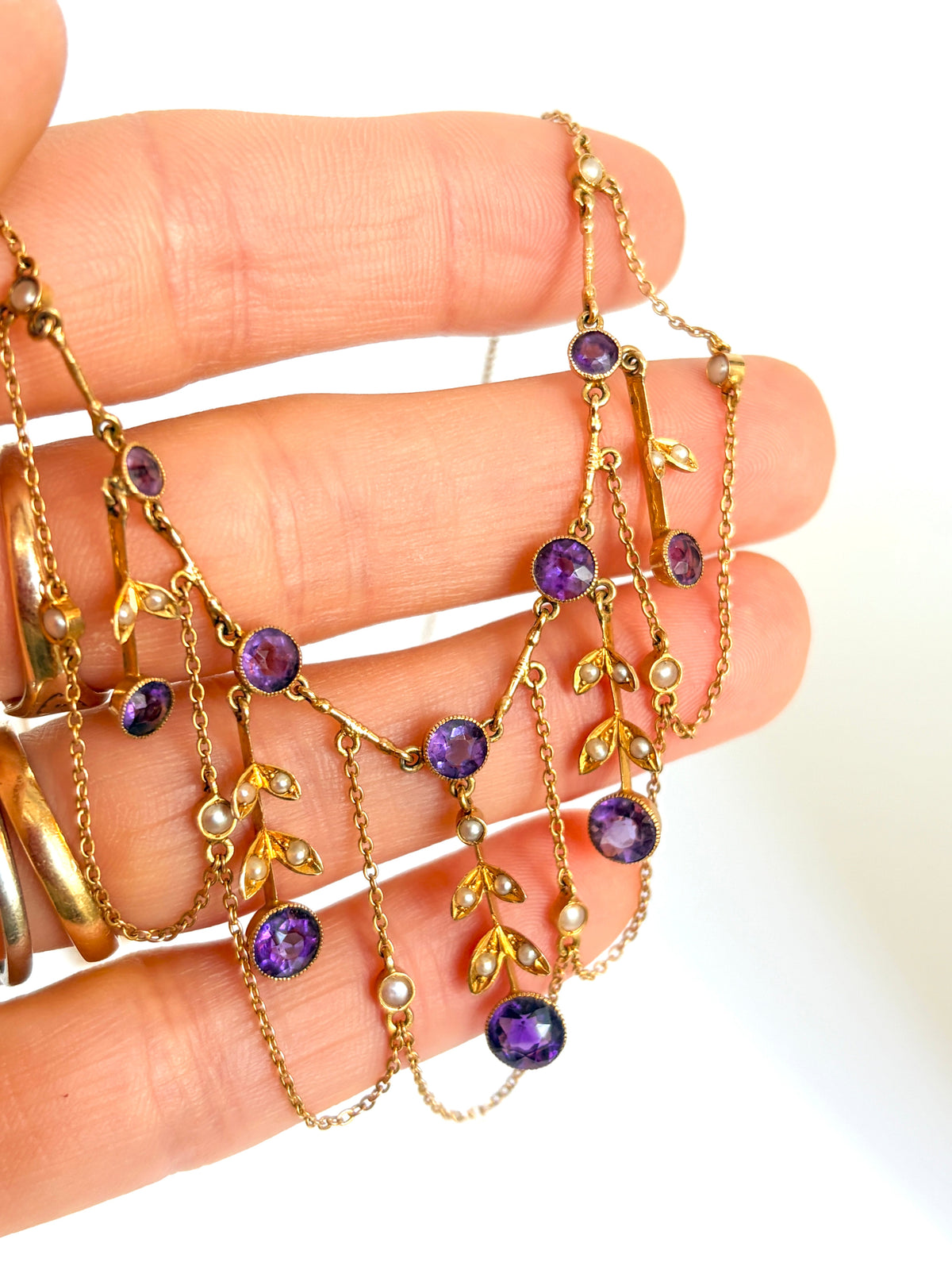 Stunning, Art Nouveau, 15ct Gold, Double Layer Amethyst and Pearl Fringe Necklace
