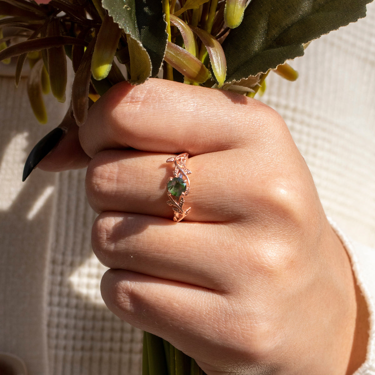 Nature Inspired 1 Ct Round Green Moss Agate Engagement Ring