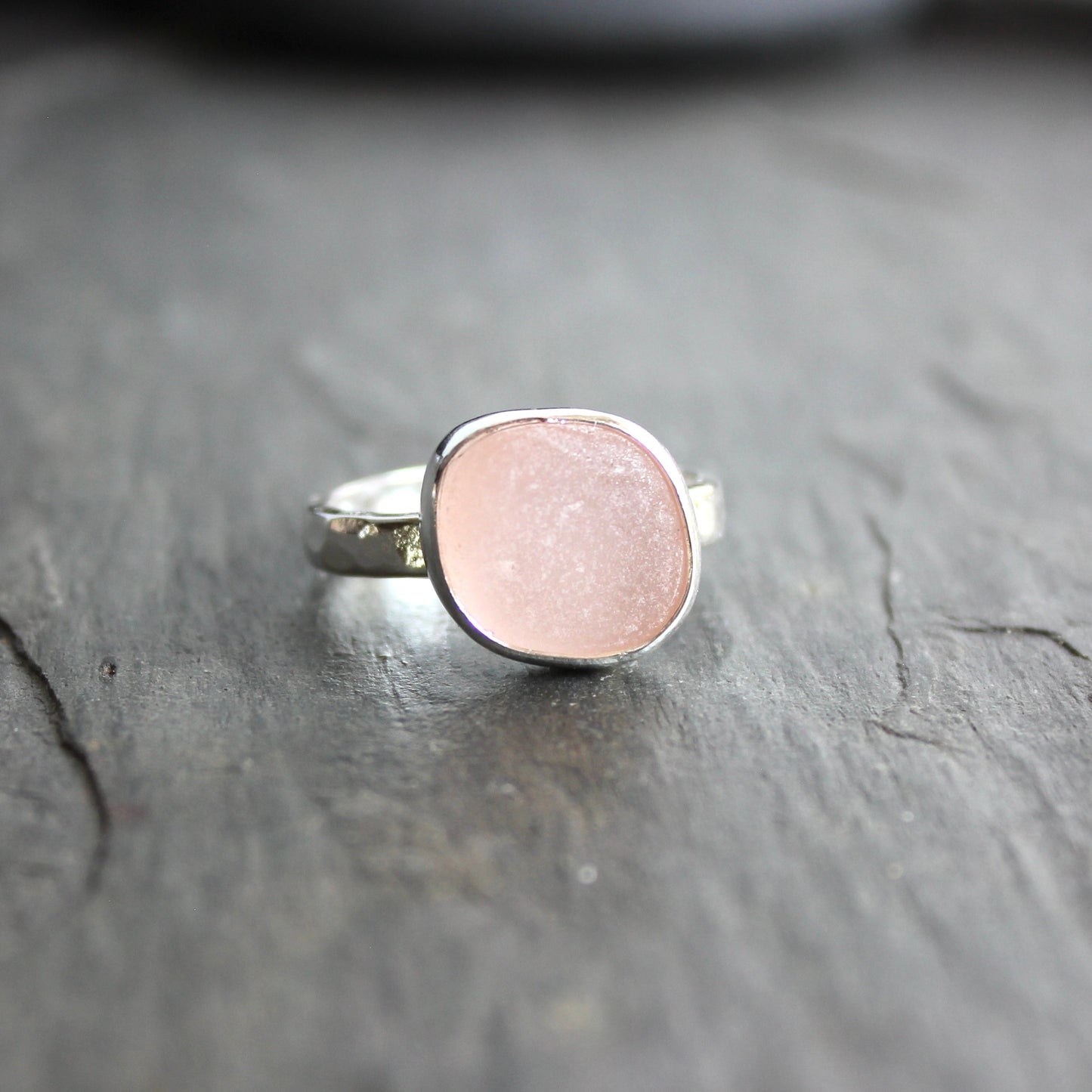 Large Peachy Pink Sea Glass Ring | Handmade | Sterling Silver | Size 10
