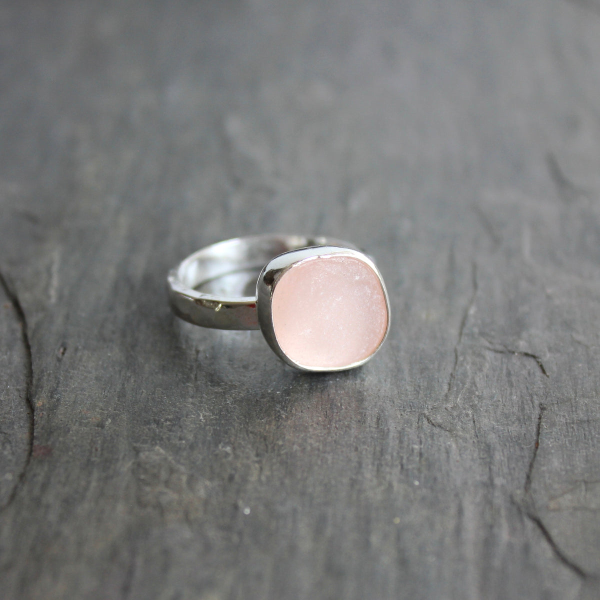 Large Peachy Pink Sea Glass Ring | Handmade | Sterling Silver | Size 10