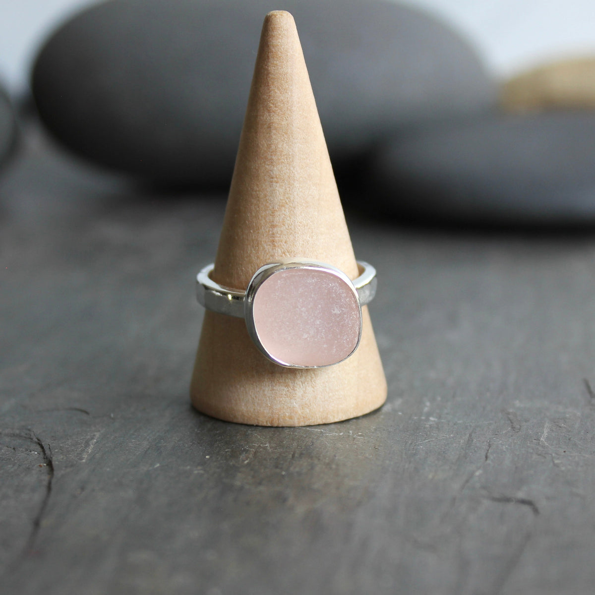 Large Peachy Pink Sea Glass Ring | Handmade | Sterling Silver | Size 10