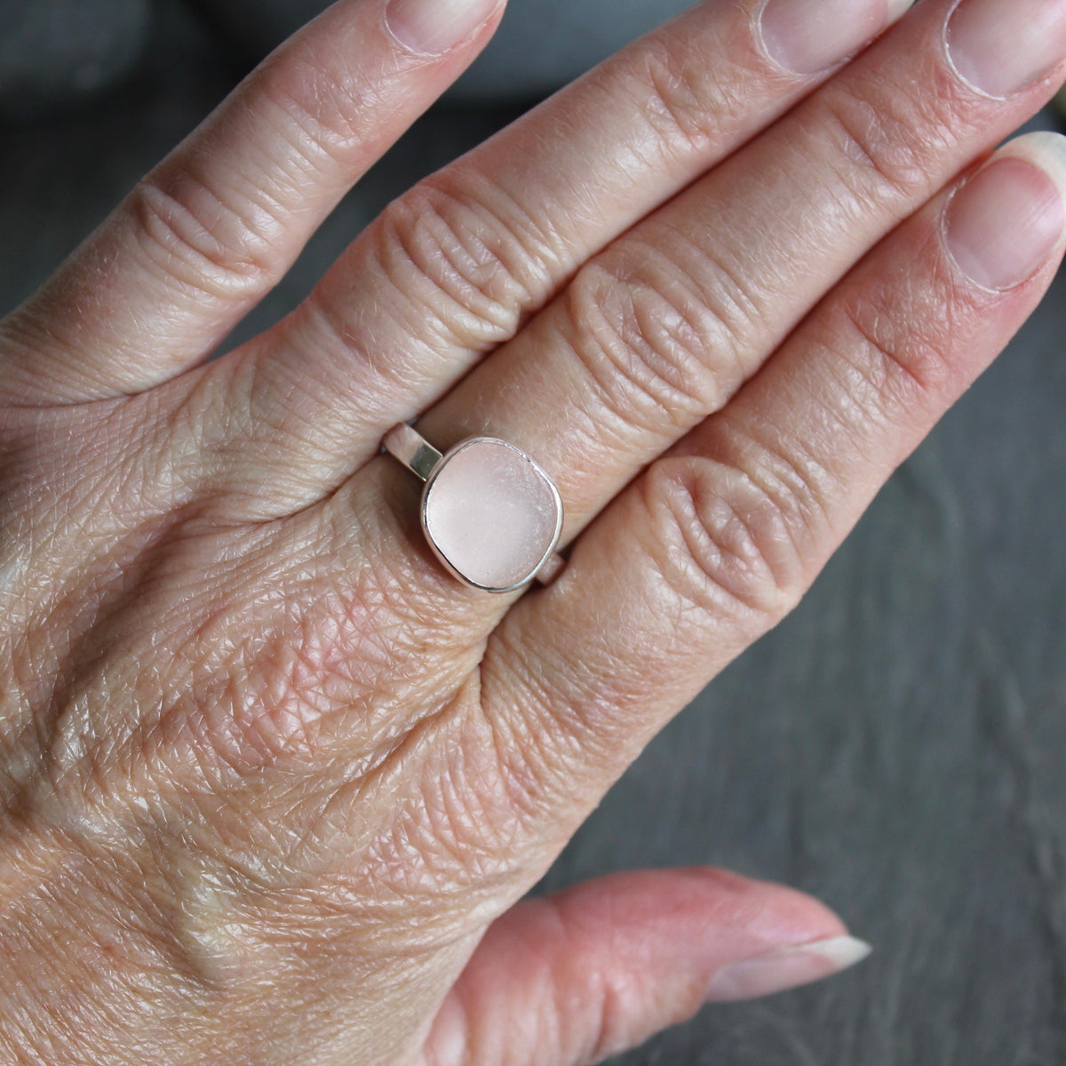 Large Peachy Pink Sea Glass Ring | Handmade | Sterling Silver | Size 10