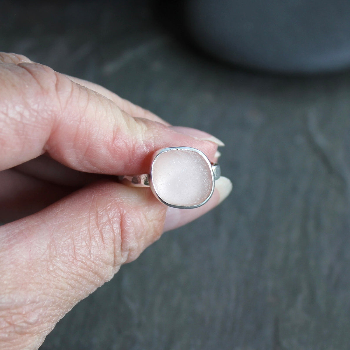 Large Peachy Pink Sea Glass Ring | Handmade | Sterling Silver | Size 10