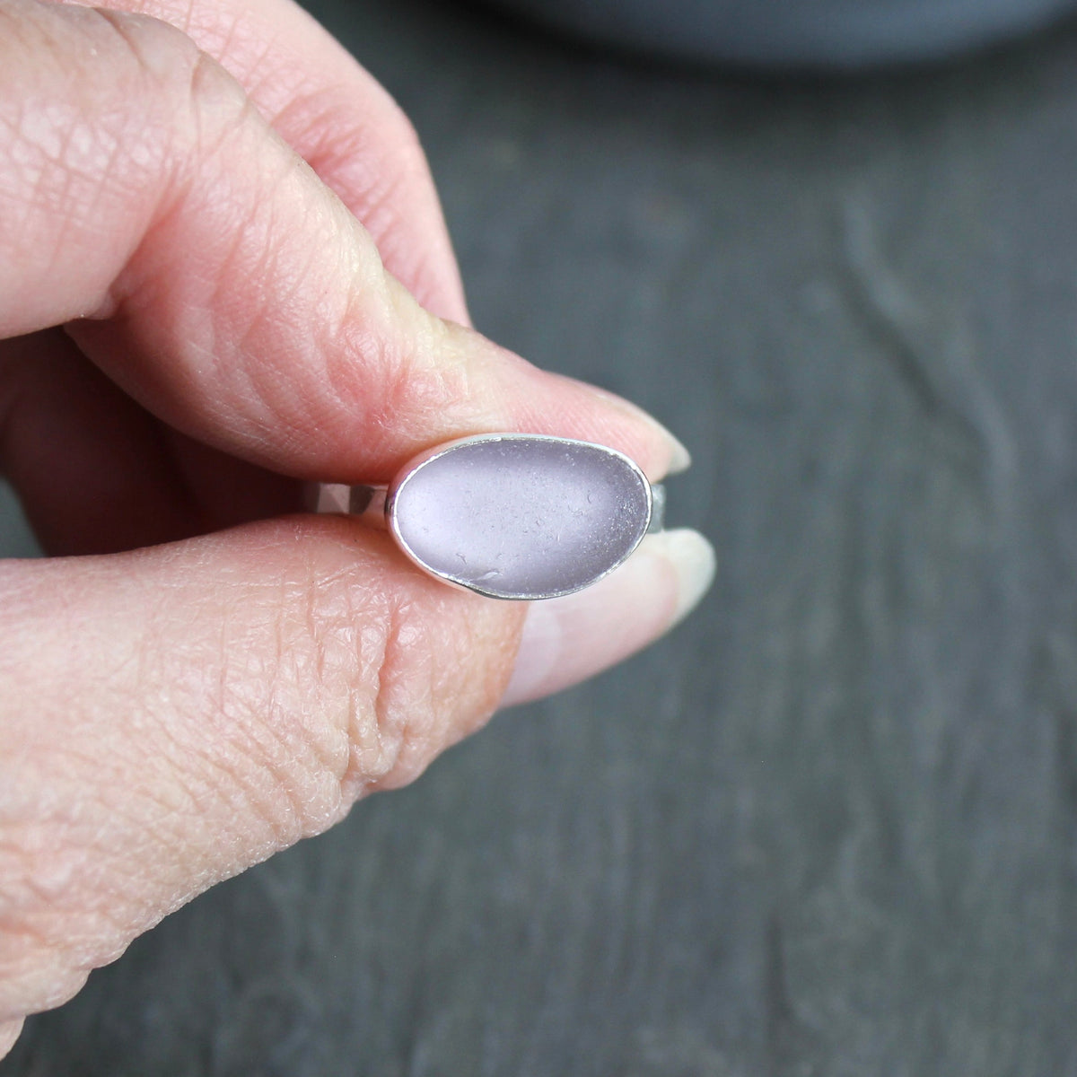 Large Size Lavender Sea Glass Ring | Handmade | Sterling Silver | Size 12