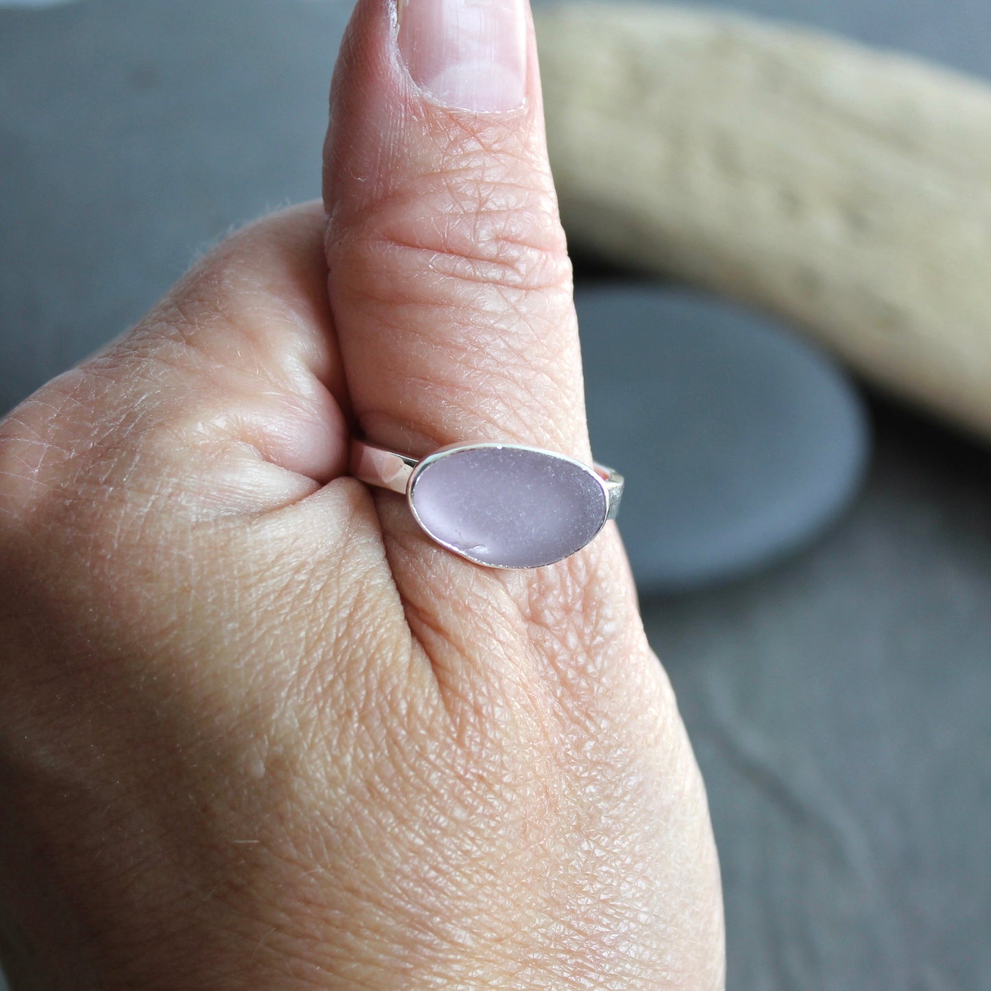 Large Size Lavender Sea Glass Ring | Handmade | Sterling Silver | Size 12