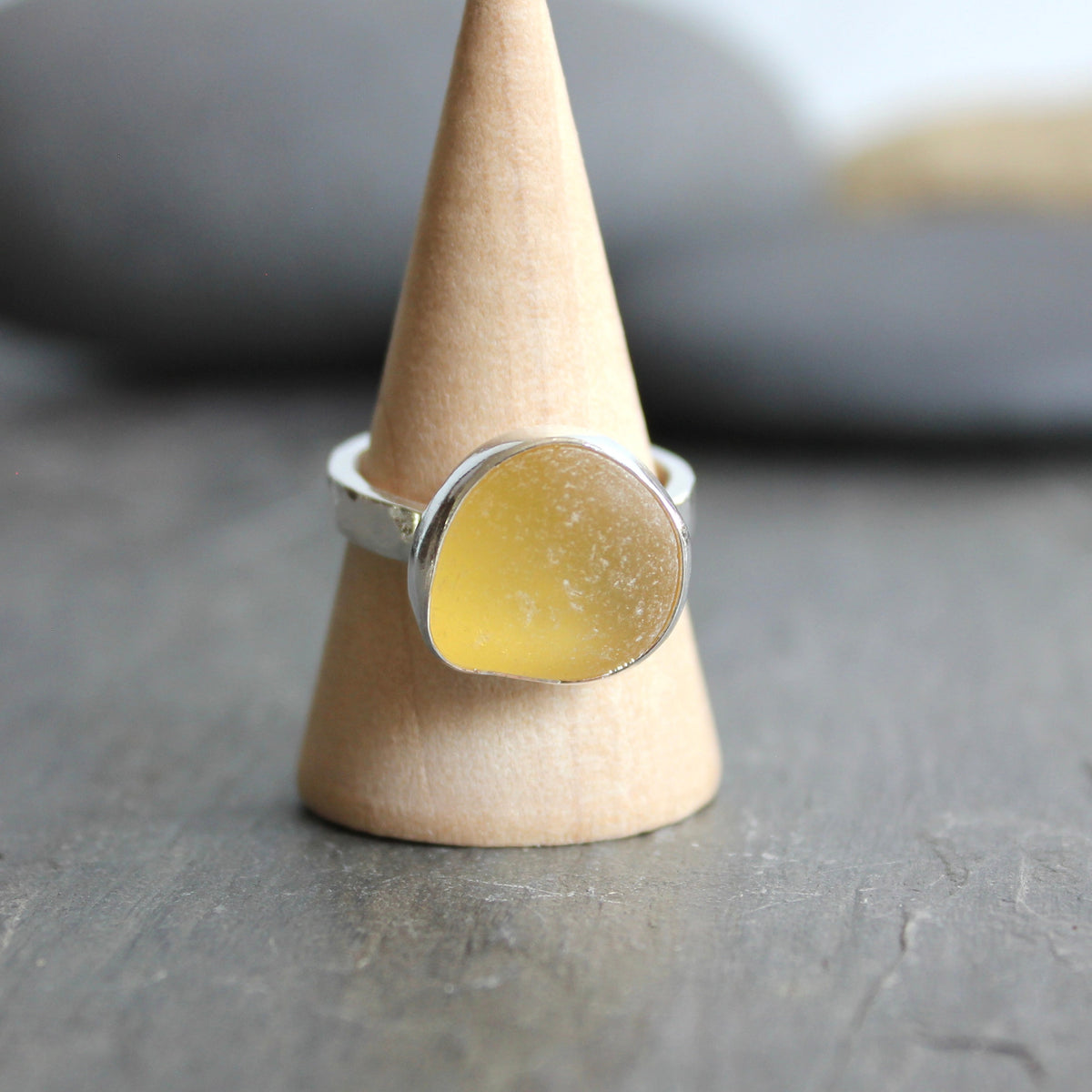 Chunky Golden Yellow Sea Glass Ring | Handmade | Sterling Silver | Size 8 1/2