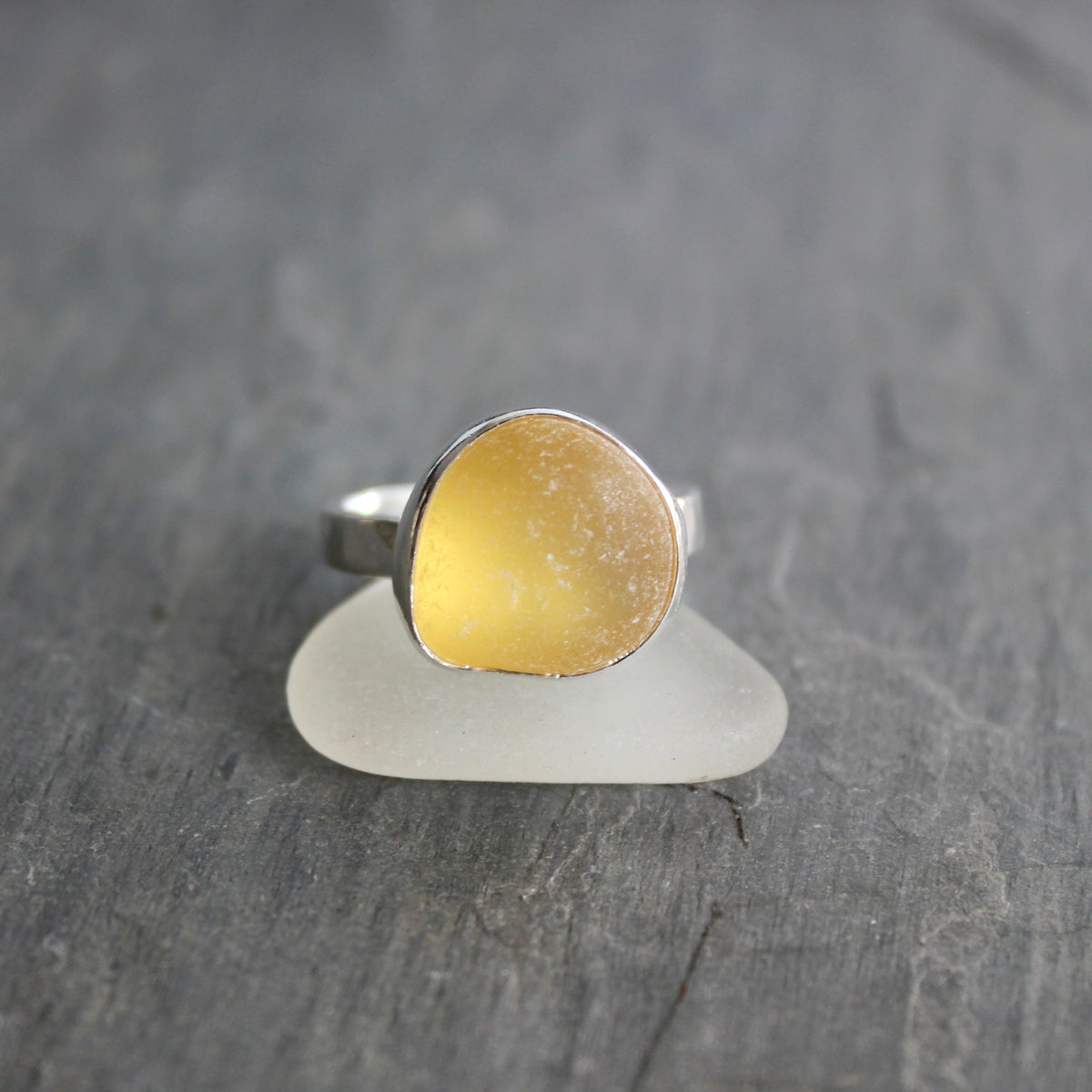 Chunky Golden Yellow Sea Glass Ring | Handmade | Sterling Silver | Size 8 1/2