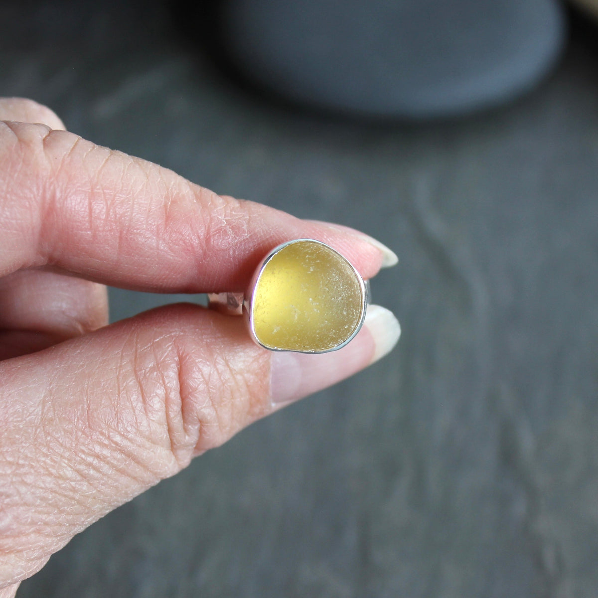 Chunky Golden Yellow Sea Glass Ring | Handmade | Sterling Silver | Size 8 1/2