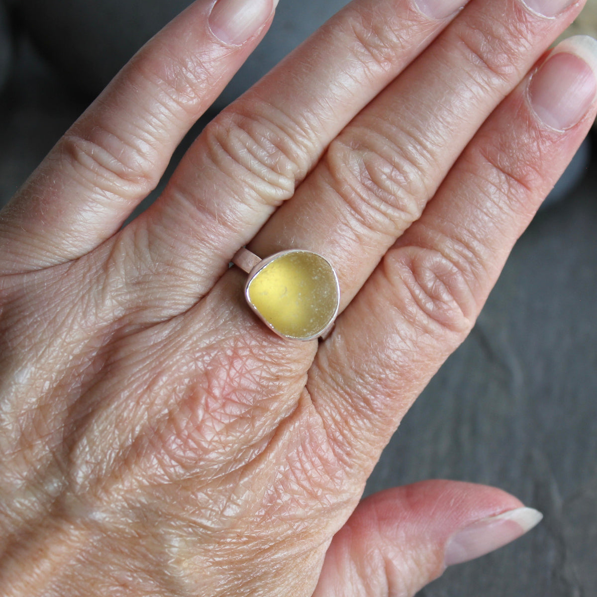 Chunky Golden Yellow Sea Glass Ring | Handmade | Sterling Silver | Size 8 1/2