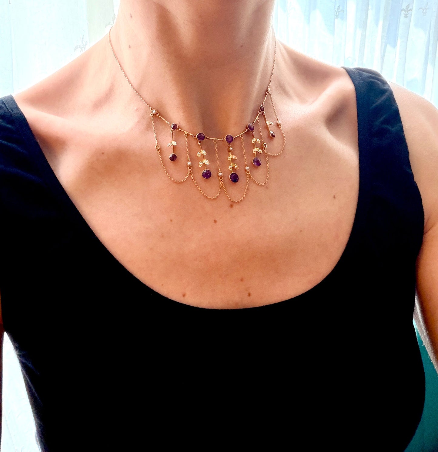Stunning, Art Nouveau, 15ct Gold, Double Layer Amethyst and Pearl Fringe Necklace