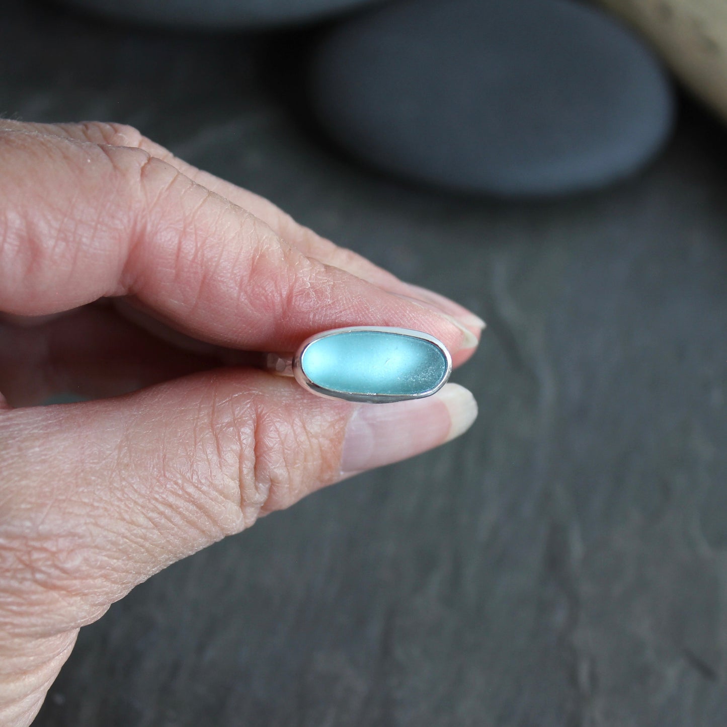 Large Size Aqua Blue Sea Glass Ring | Handmade | Sterling Silver | Size 11 1/2