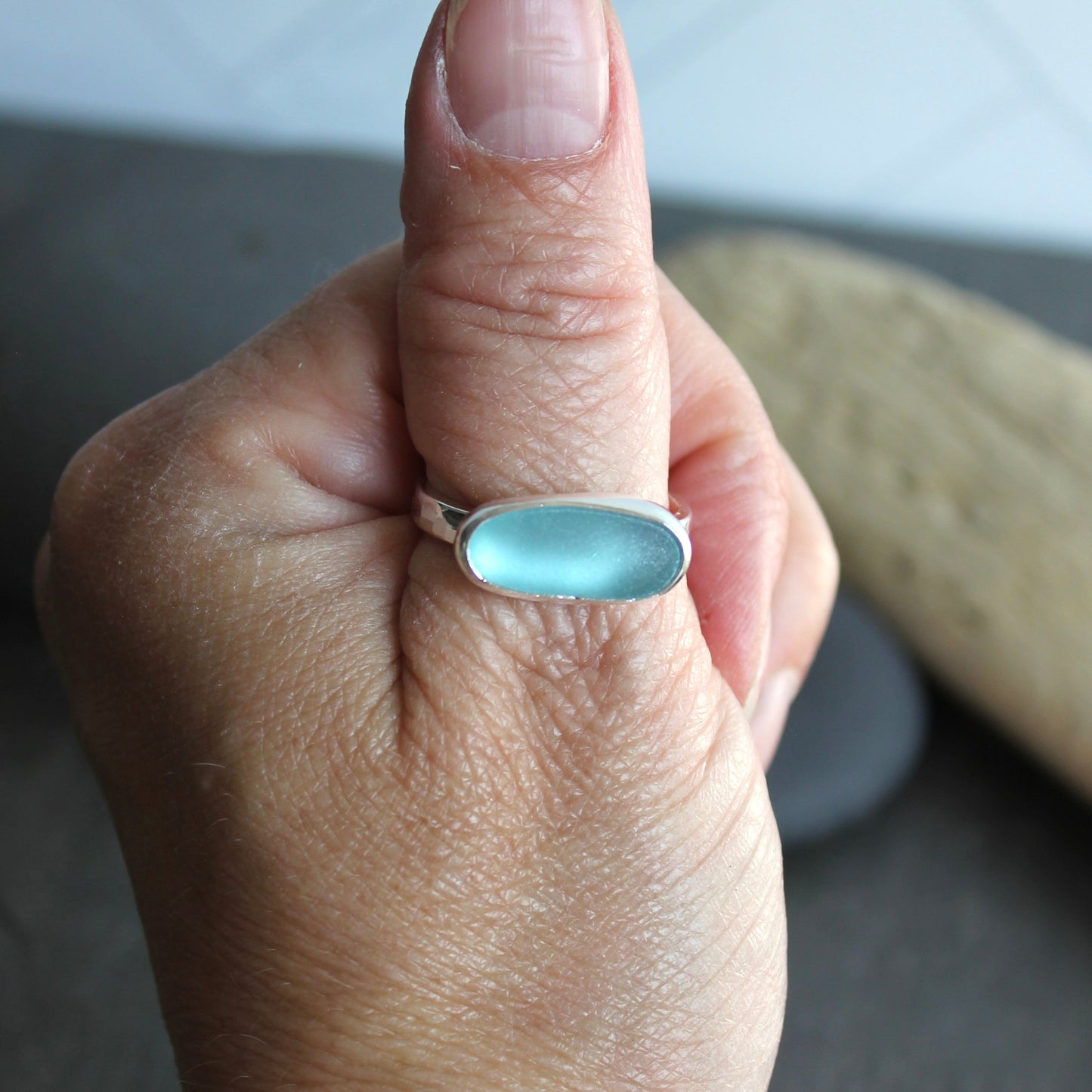 Large Size Aqua Blue Sea Glass Ring | Handmade | Sterling Silver | Size 11 1/2