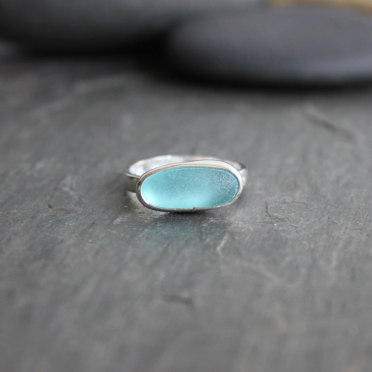 Large Size Aqua Blue Sea Glass Ring | Handmade | Sterling Silver | Size 11 1/2