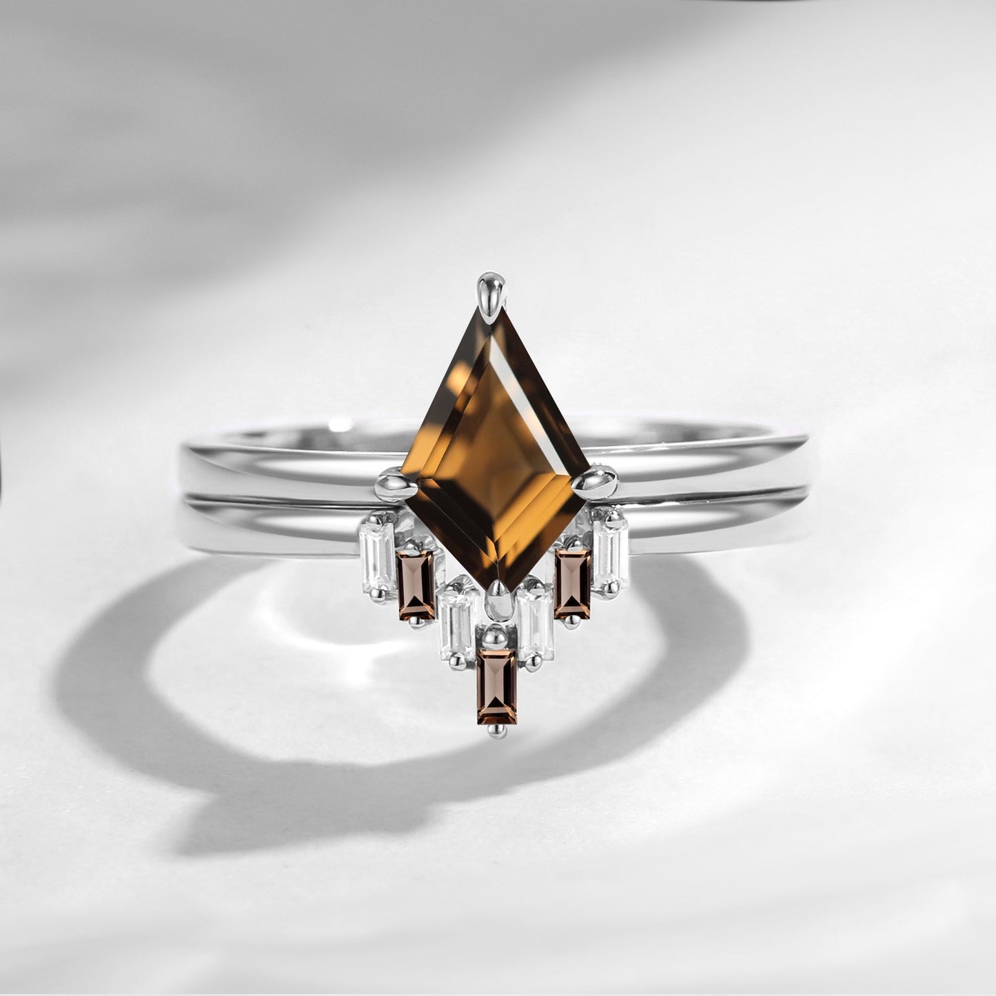 Classic Style Kite Cut Smokey Quartz Engagement Ring 2pcs