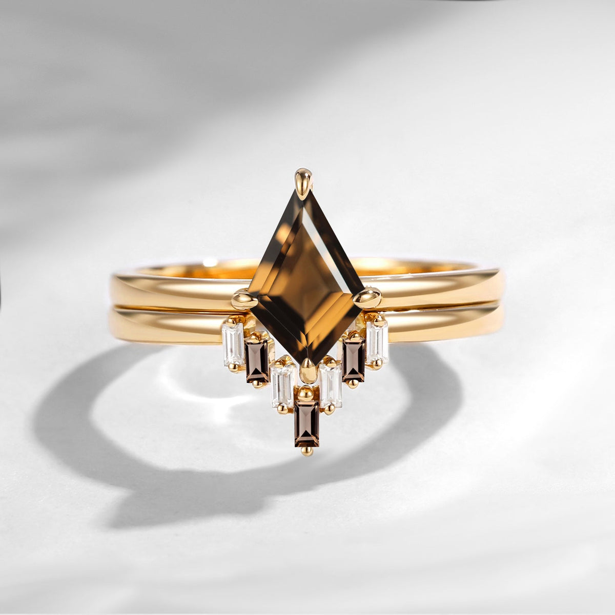 Classic Style Kite Cut Smokey Quartz Engagement Ring 2pcs