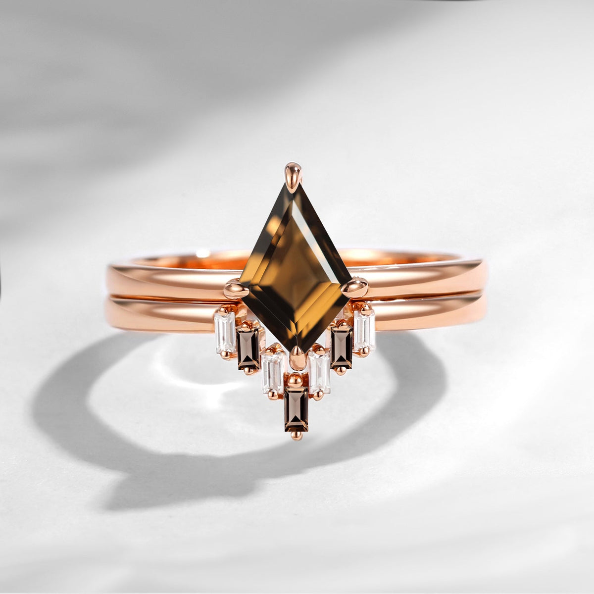 Classic Style Kite Cut Smokey Quartz Engagement Ring 2pcs