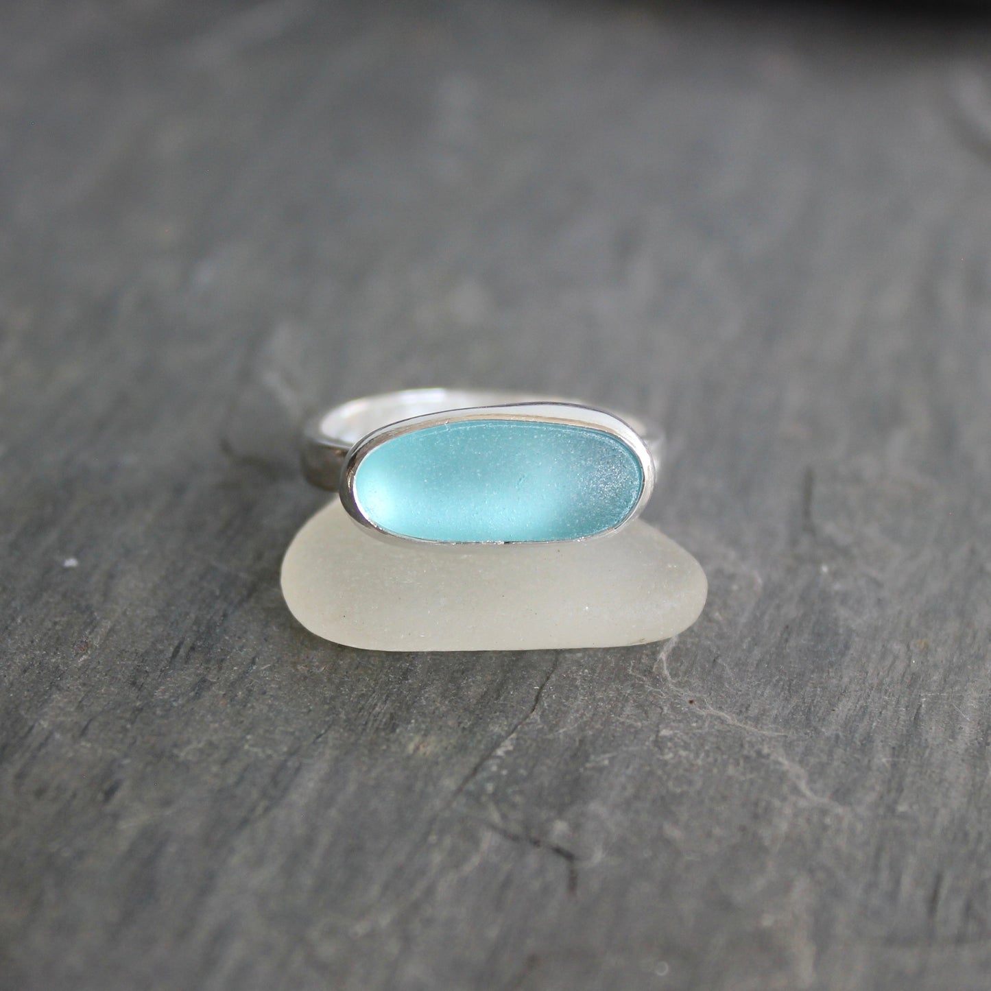 Large Size Aqua Blue Sea Glass Ring | Handmade | Sterling Silver | Size 11 1/2