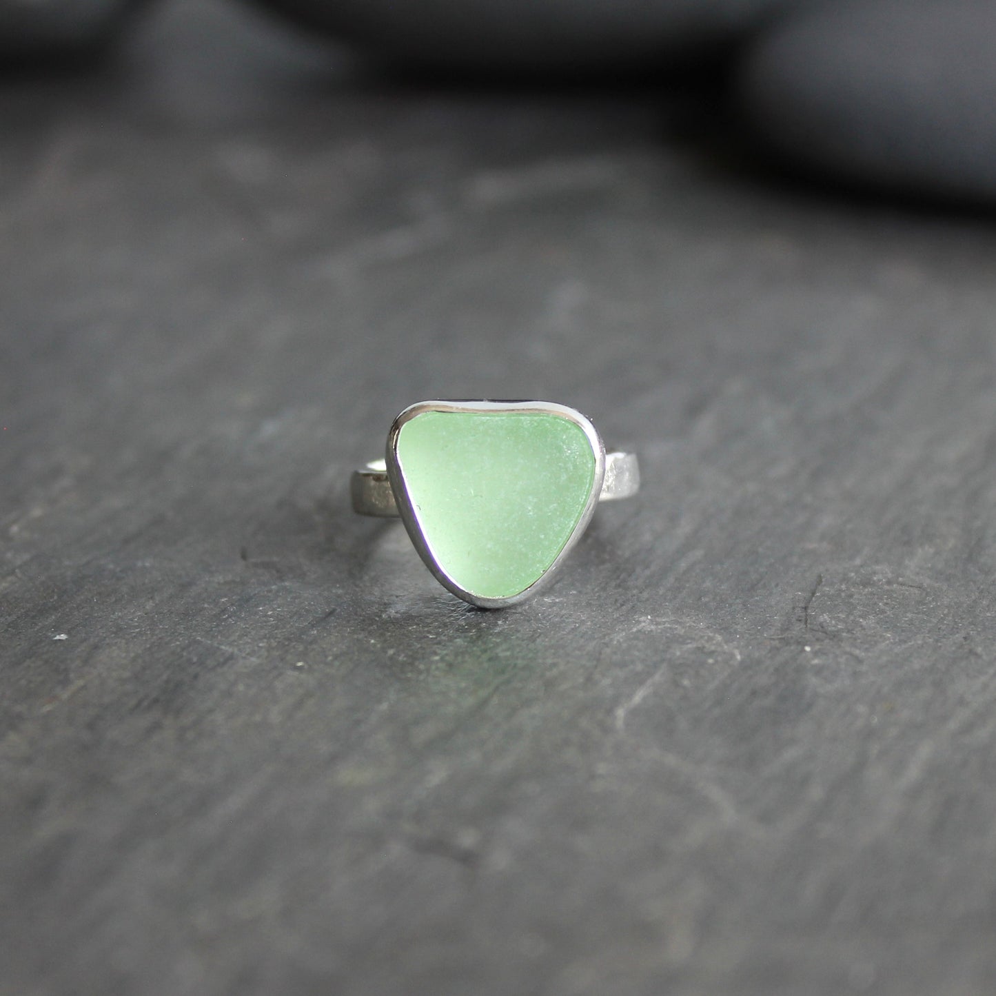 Light Green UV Uranium Sea Glass Ring | Handmade | Sterling Silver | Size 6 3/4