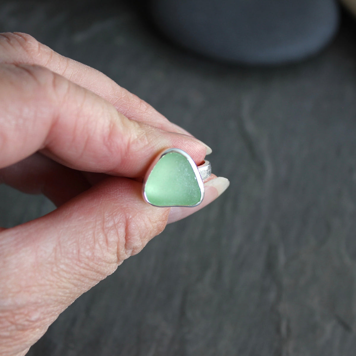 Light Green UV Uranium Sea Glass Ring | Handmade | Sterling Silver | Size 6 3/4