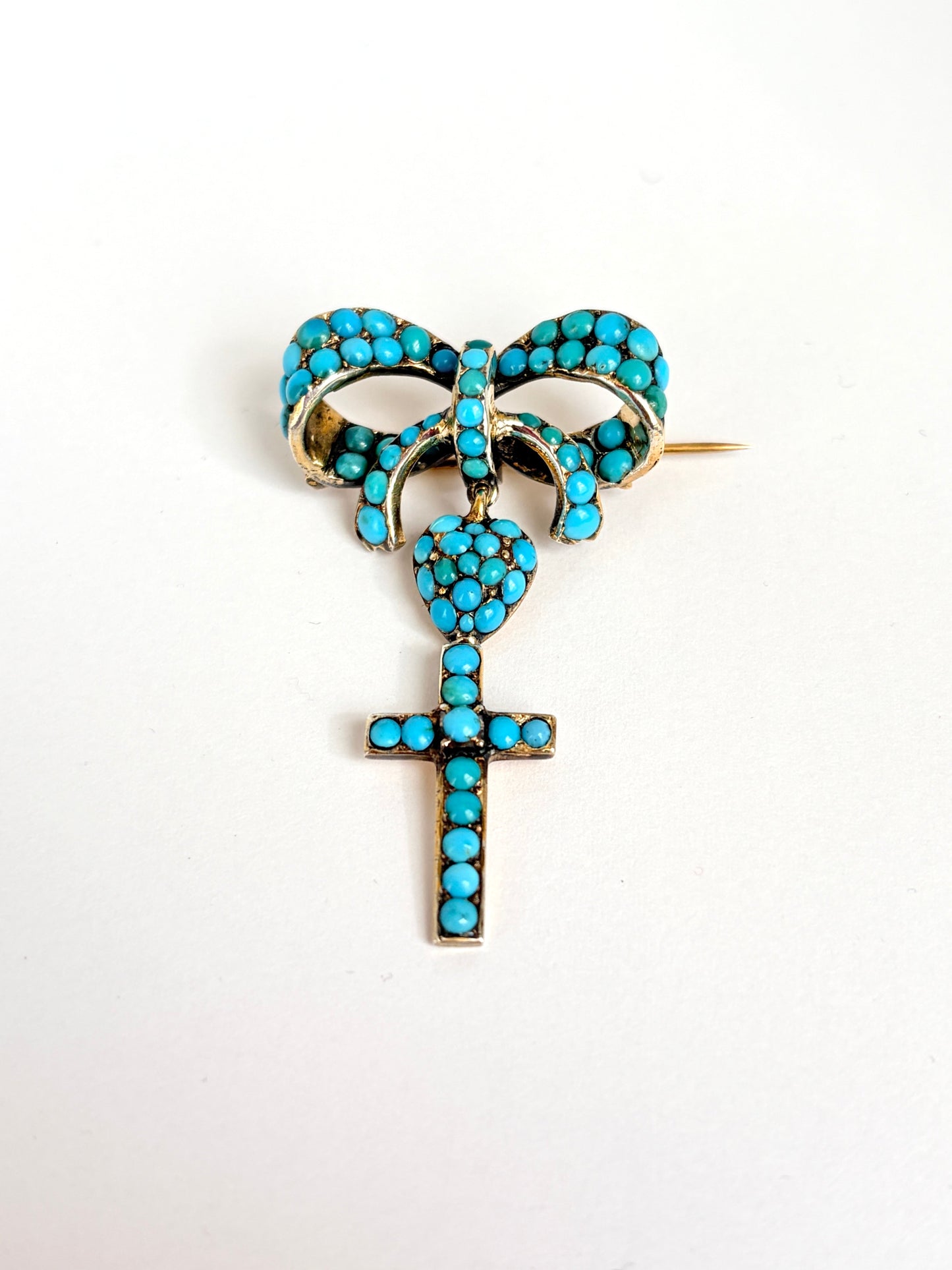 Incredible, Antique, Mid-Victorian, 15ct Gold Turquoise Bow, Heart and Cross Brooch/Pin