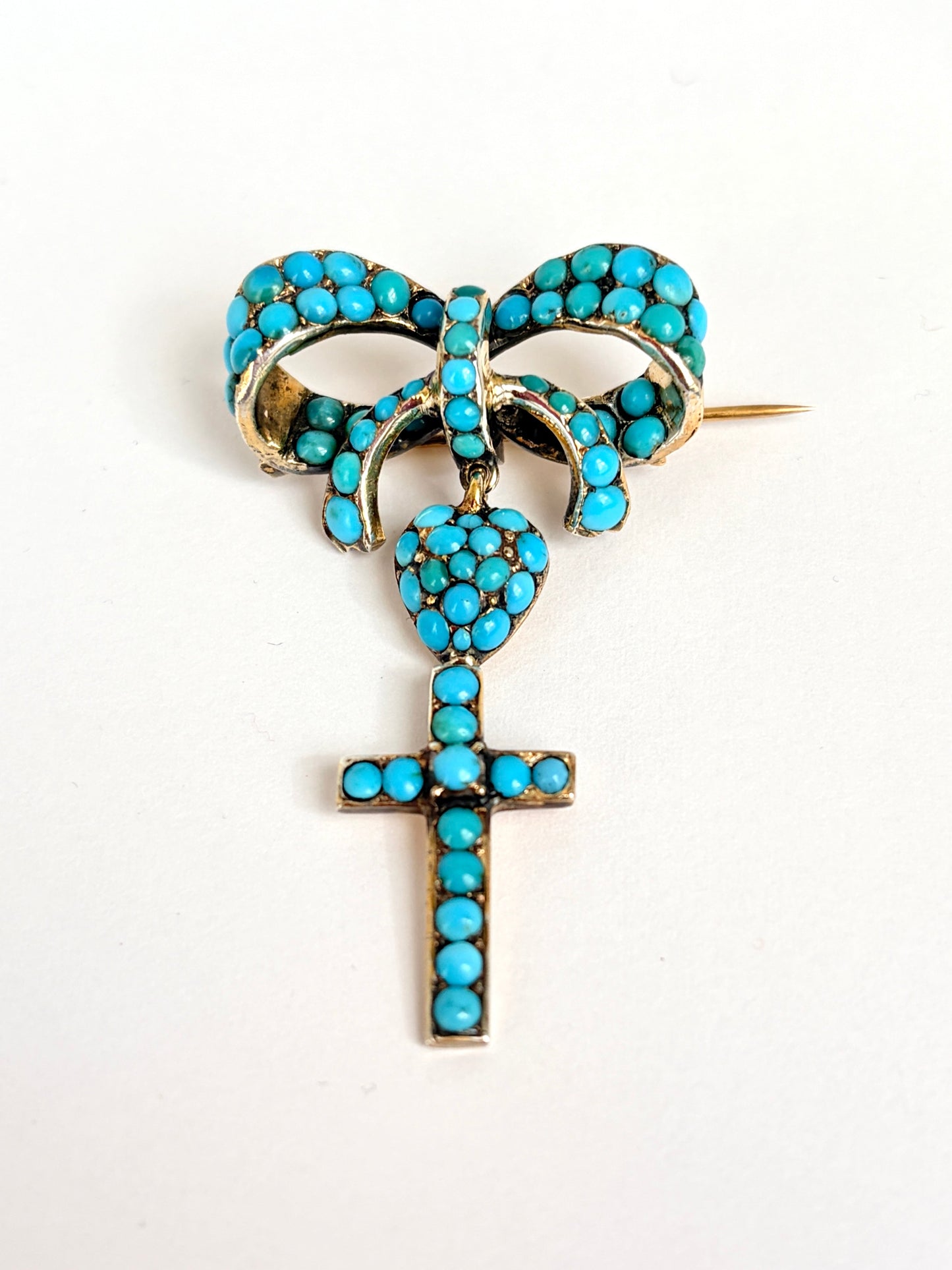 Incredible, Antique, Mid-Victorian, 15ct Gold Turquoise Bow, Heart and Cross Brooch/Pin
