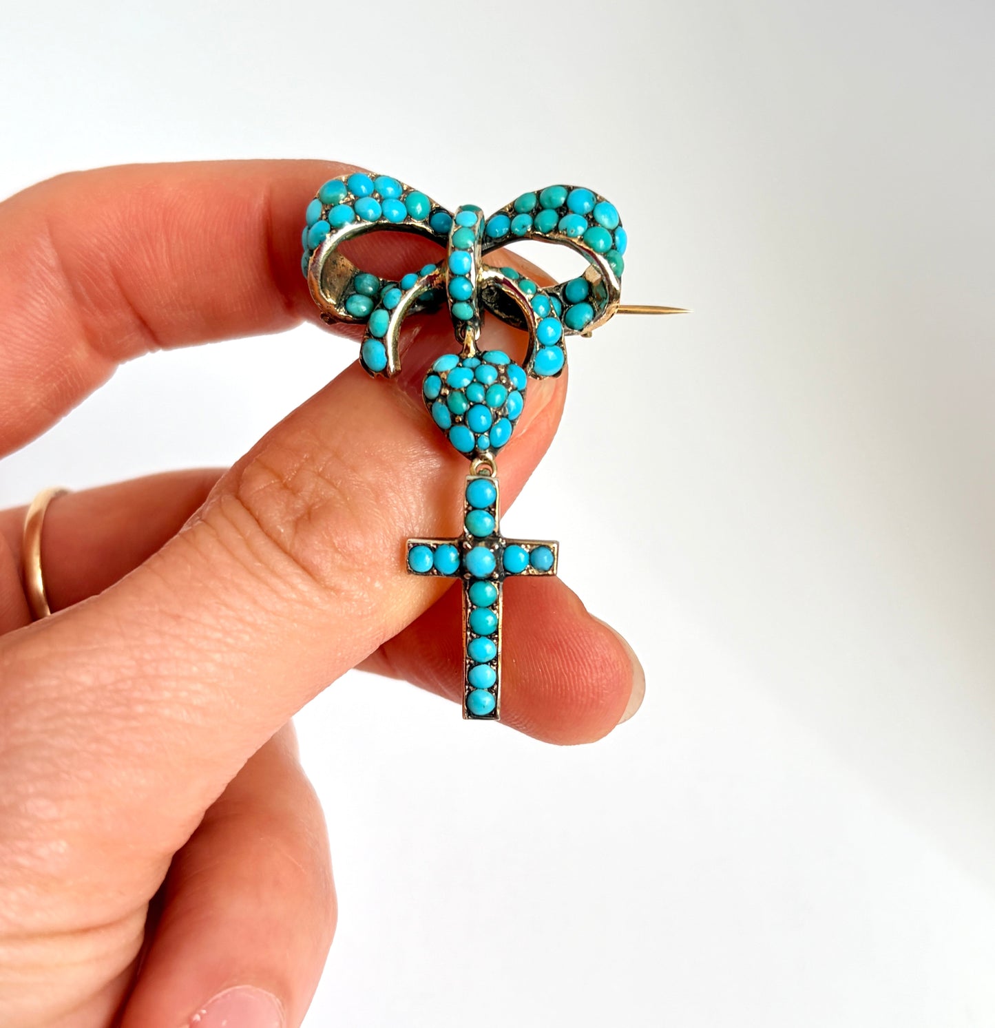 Incredible, Antique, Mid-Victorian, 15ct Gold Turquoise Bow, Heart and Cross Brooch/Pin