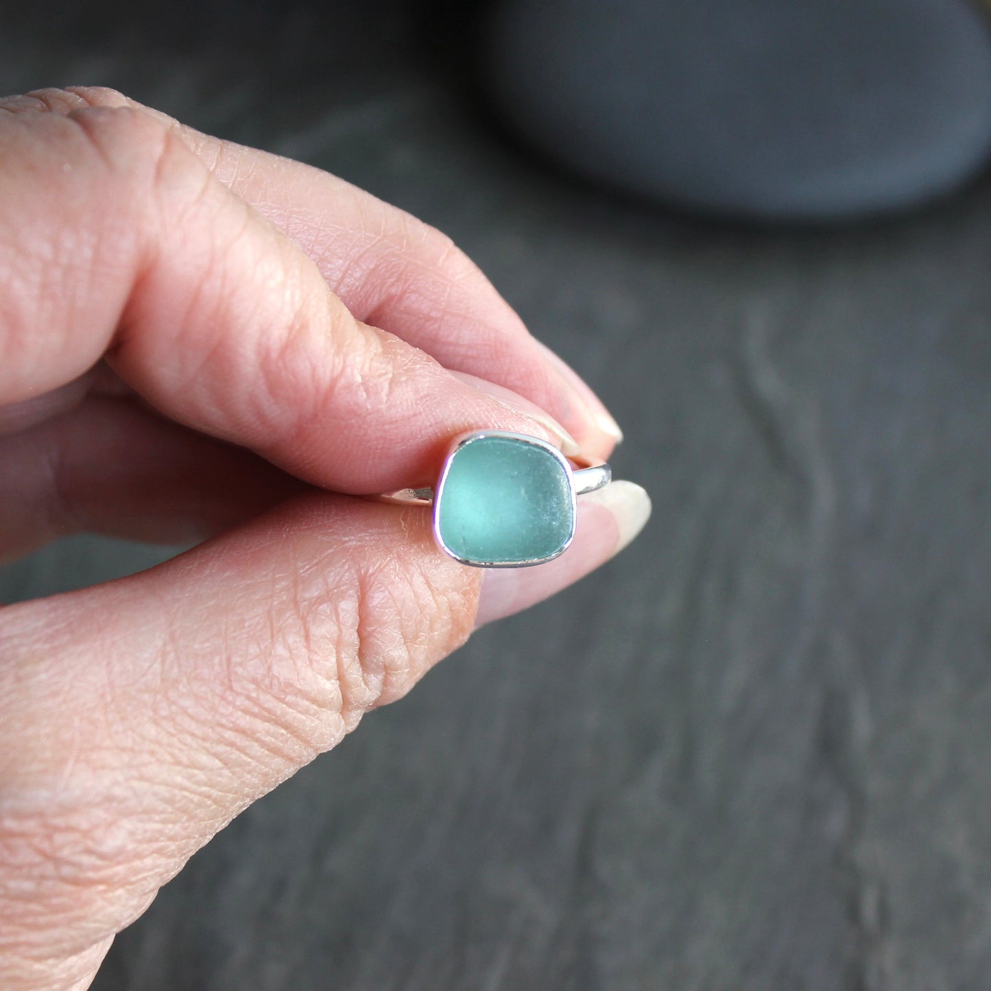 Aqua Blue Sea Glass Ring | Handmade | Sterling Silver | Size 9