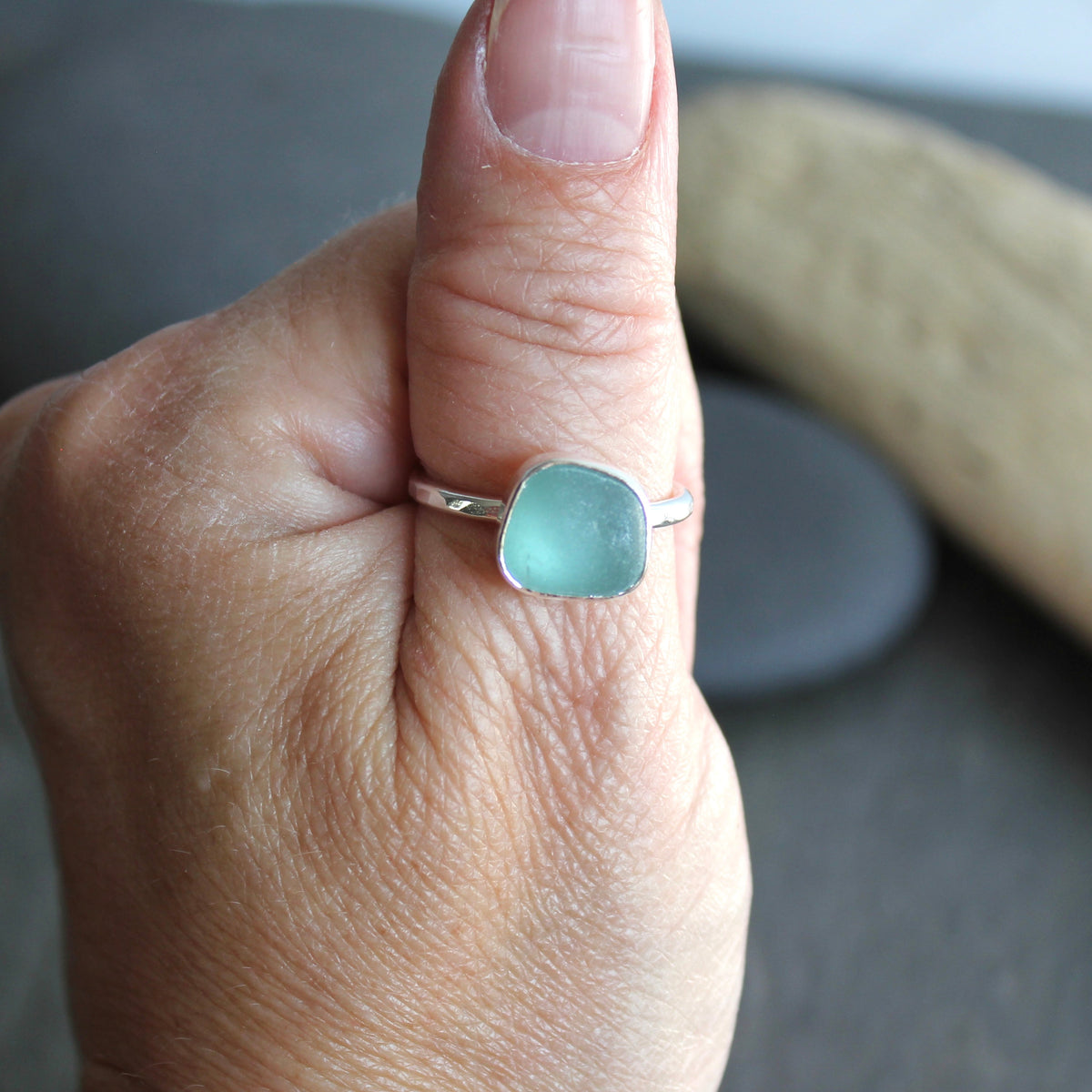 Aqua Blue Sea Glass Ring | Handmade | Sterling Silver | Size 9