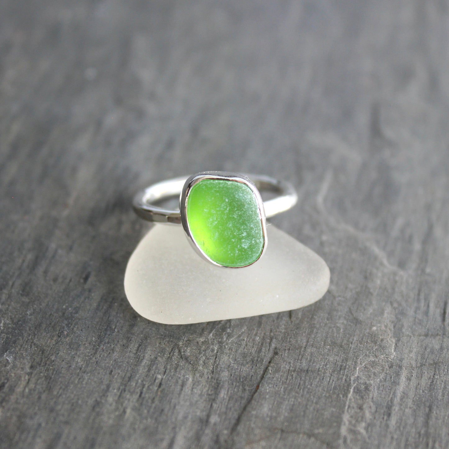 Lime Green Sea Glass Stackable Ring | Handmade | Sterling Silver | Size 8 1/2