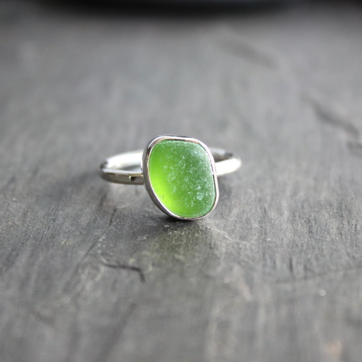 Lime Green Sea Glass Stackable Ring | Handmade | Sterling Silver | Size 8 1/2