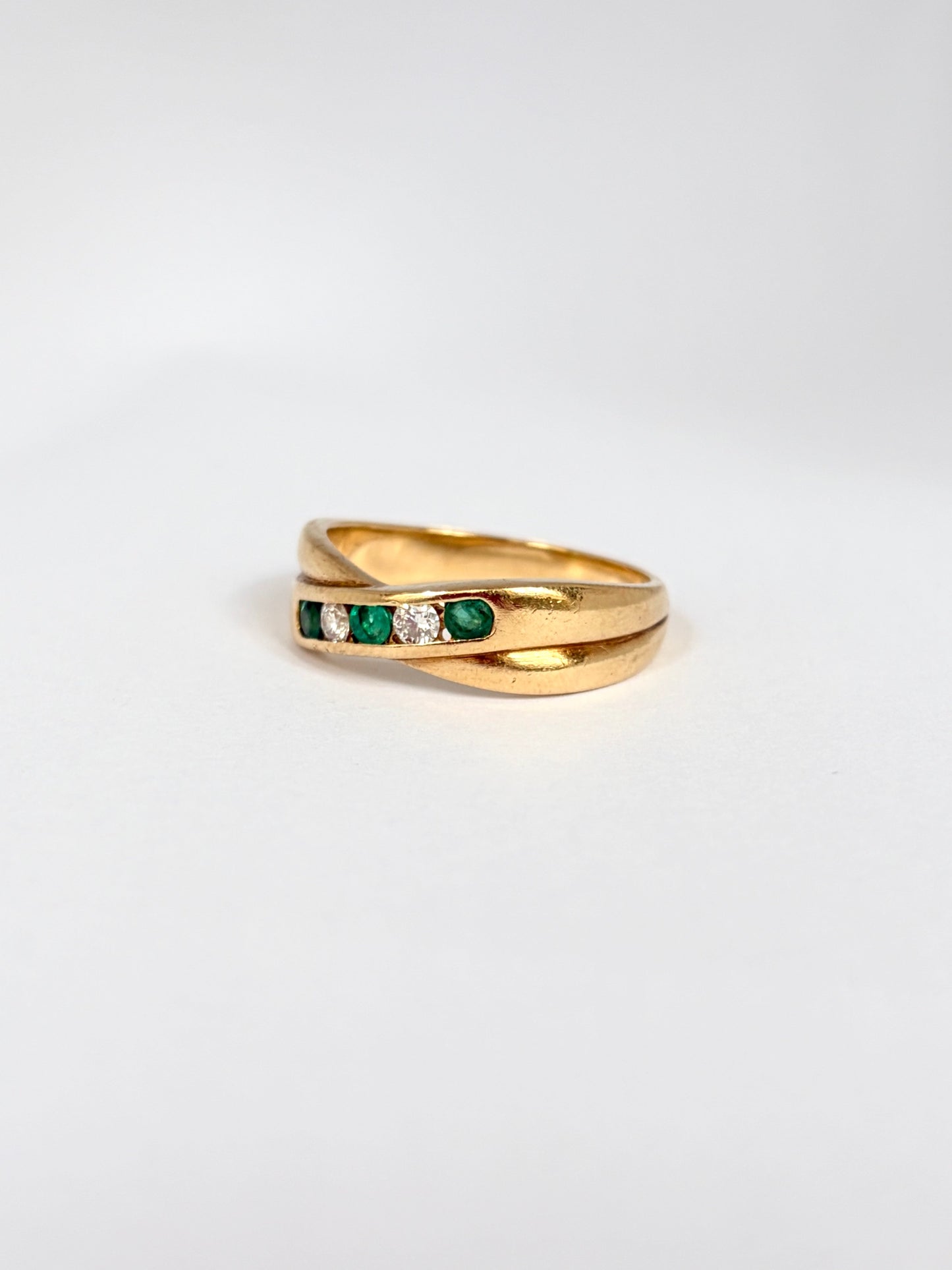 Vintage, 18ct Gold, Emerald and Diamond Cross Over Ring, 6.47g