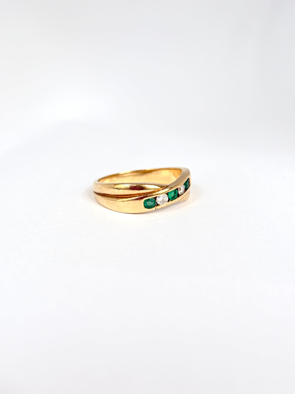 Vintage, 18ct Gold, Emerald and Diamond Cross Over Ring, 6.47g