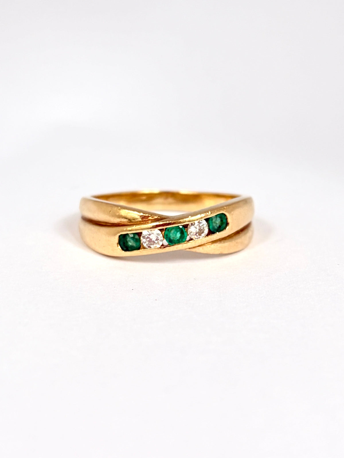 Vintage, 18ct Gold, Emerald and Diamond Cross Over Ring, 6.47g