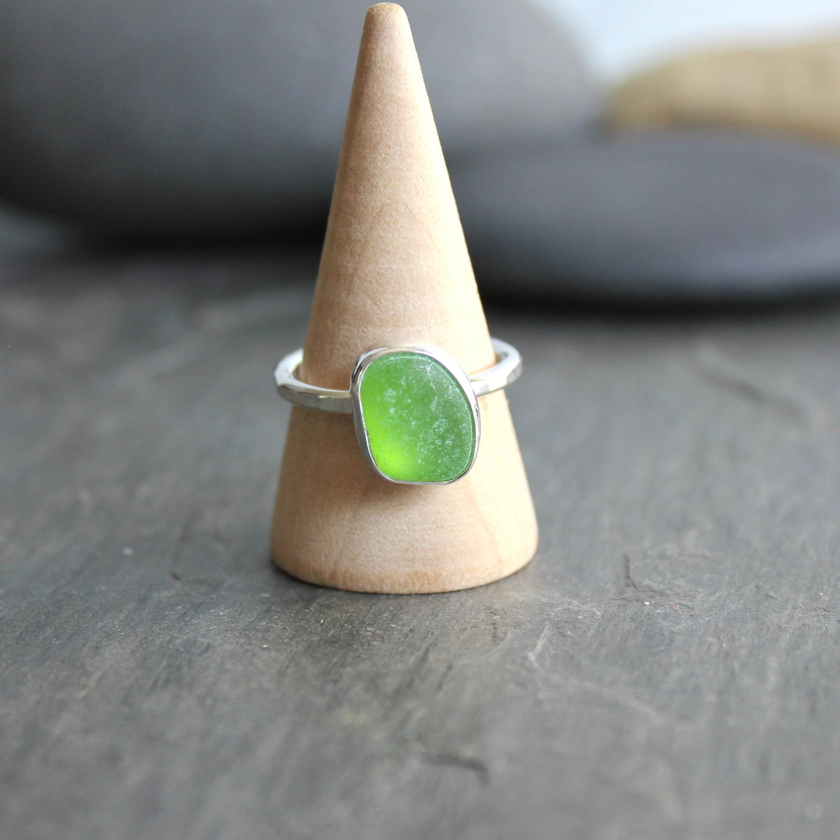 Lime Green Sea Glass Stackable Ring | Handmade | Sterling Silver | Size 8 1/2