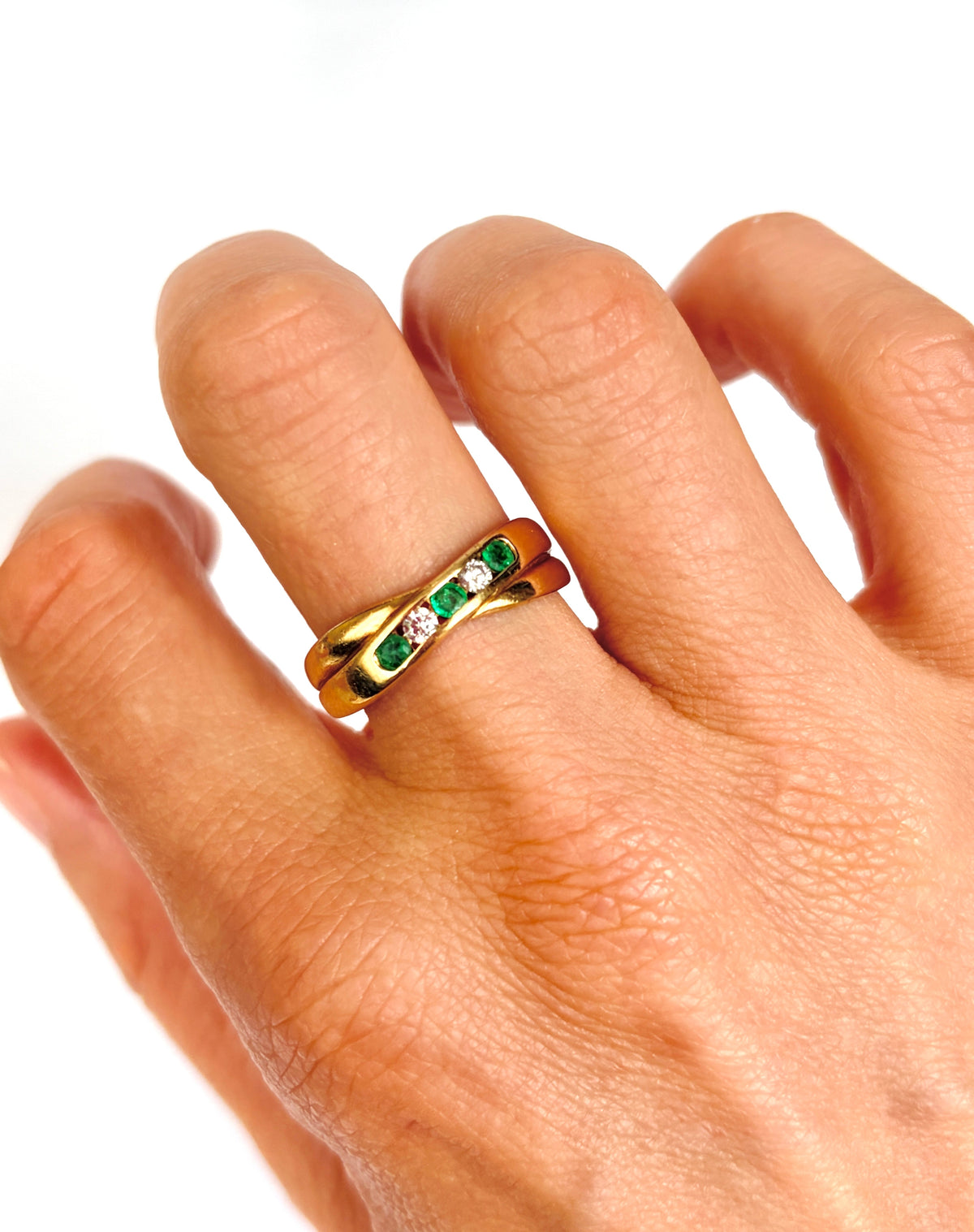 Vintage, 18ct Gold, Emerald and Diamond Cross Over Ring, 6.47g