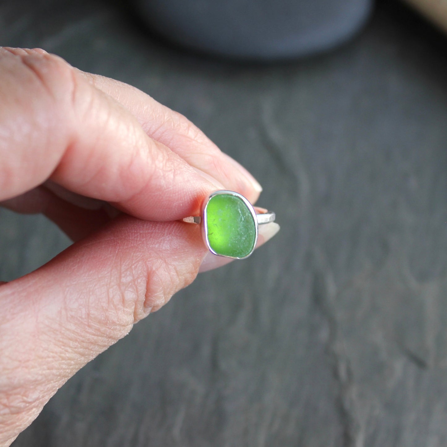Lime Green Sea Glass Stackable Ring | Handmade | Sterling Silver | Size 8 1/2