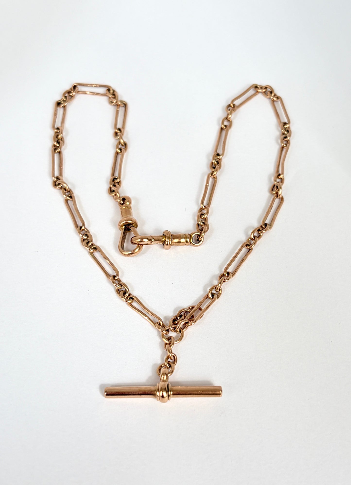 Antique, 9ct Gold paperclip watch chain with dog clip and T bar, 14.2 inches, 8.40g