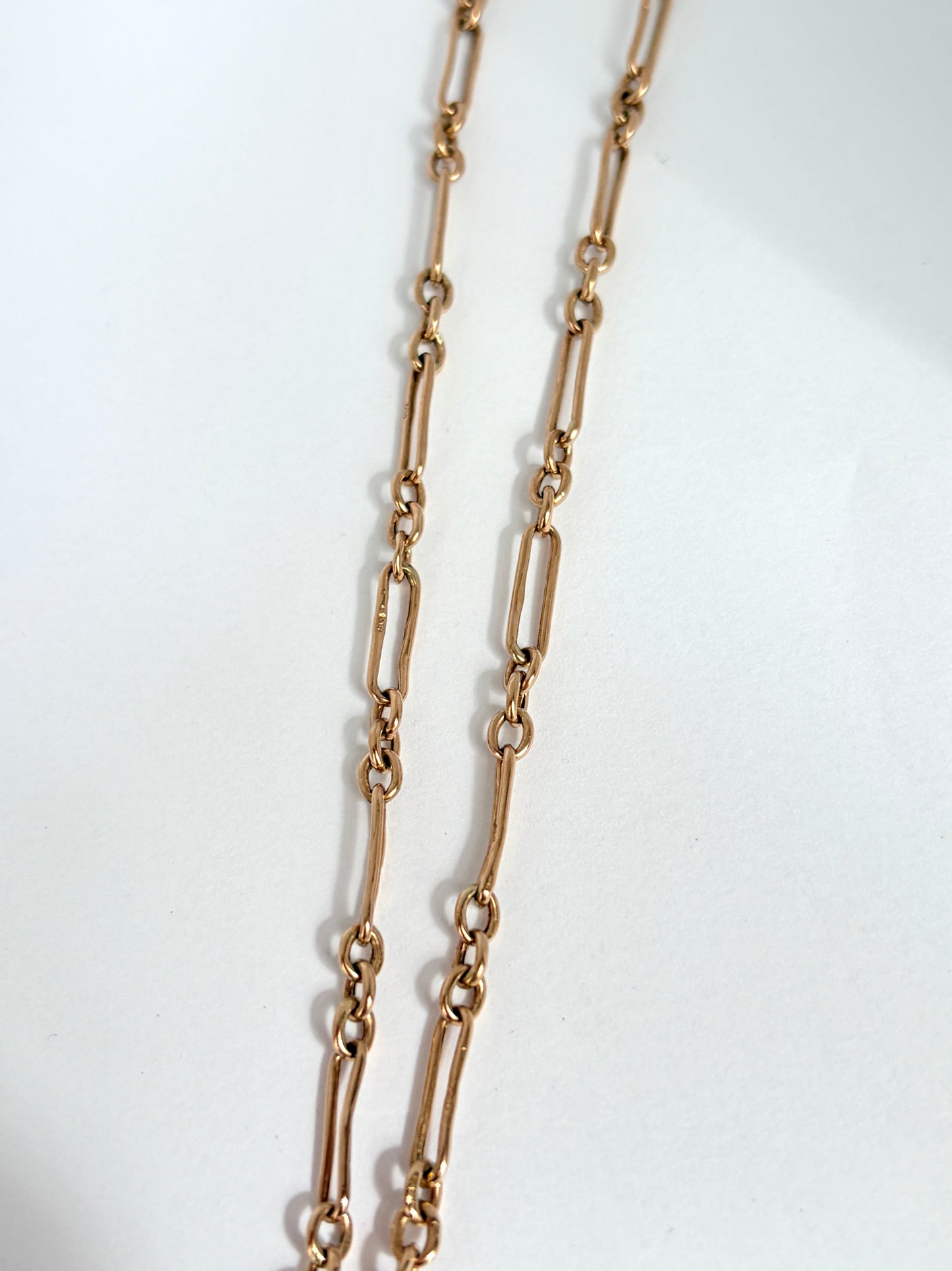 Antique, 9ct Gold paperclip watch chain with dog clip and T bar, 14.2 inches, 8.40g