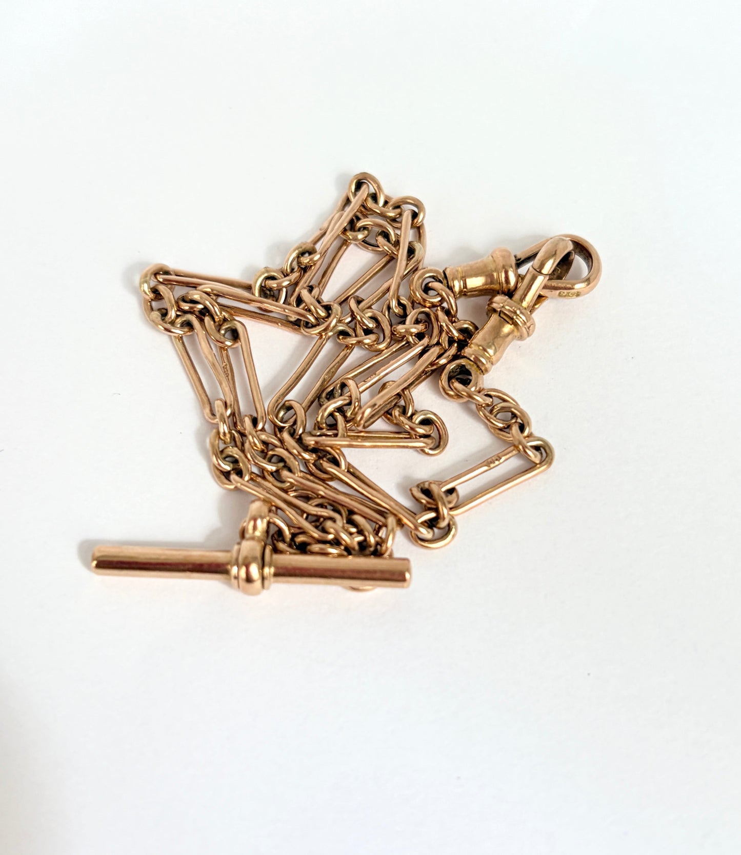 Antique, 9ct Gold paperclip watch chain with dog clip and T bar, 14.2 inches, 8.40g