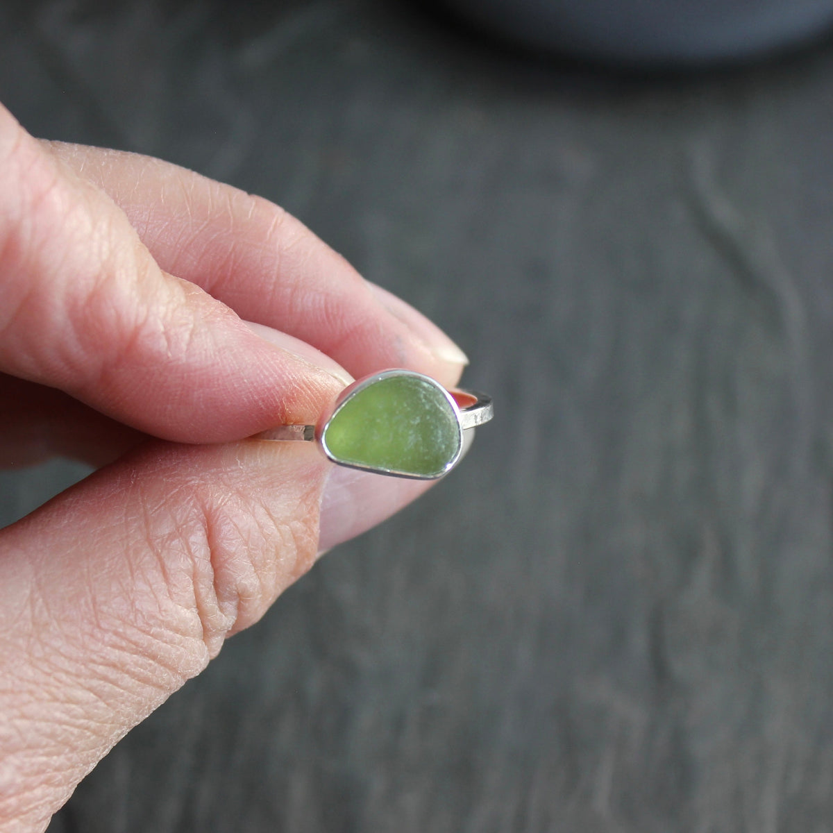 Large Size Olive Green Sea Glass Ring | Handmade | Sterling Silver | Size 10