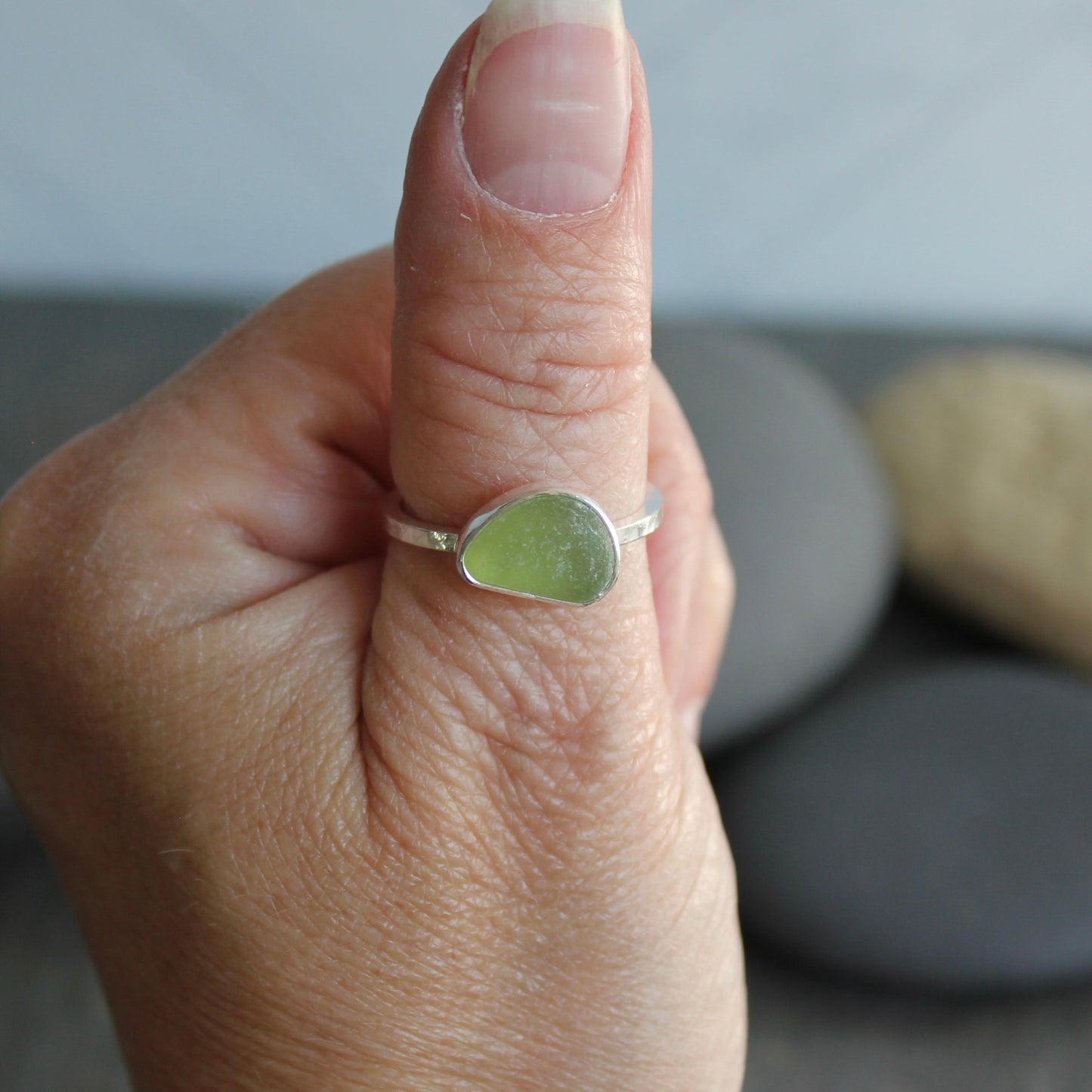 Large Size Olive Green Sea Glass Ring | Handmade | Sterling Silver | Size 10