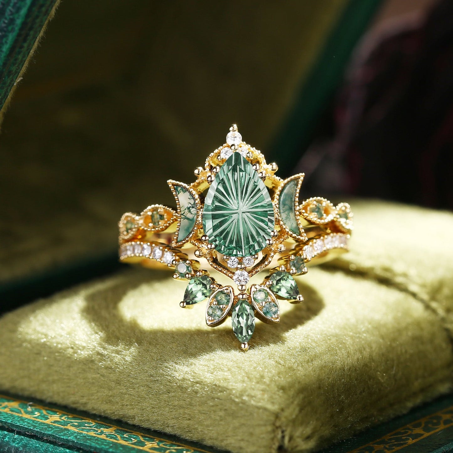 Crescent Moon | Fantasy Carved Pear Lab Green Sapphire 'Ultra Galaxy' Engagement Ring Set 2pcs