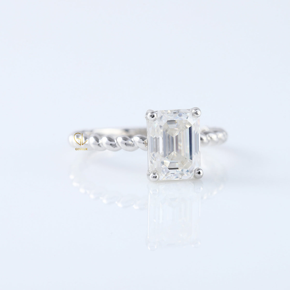 Twisted Emerald Cut Moissanite Solitaire Rope Braided Ring