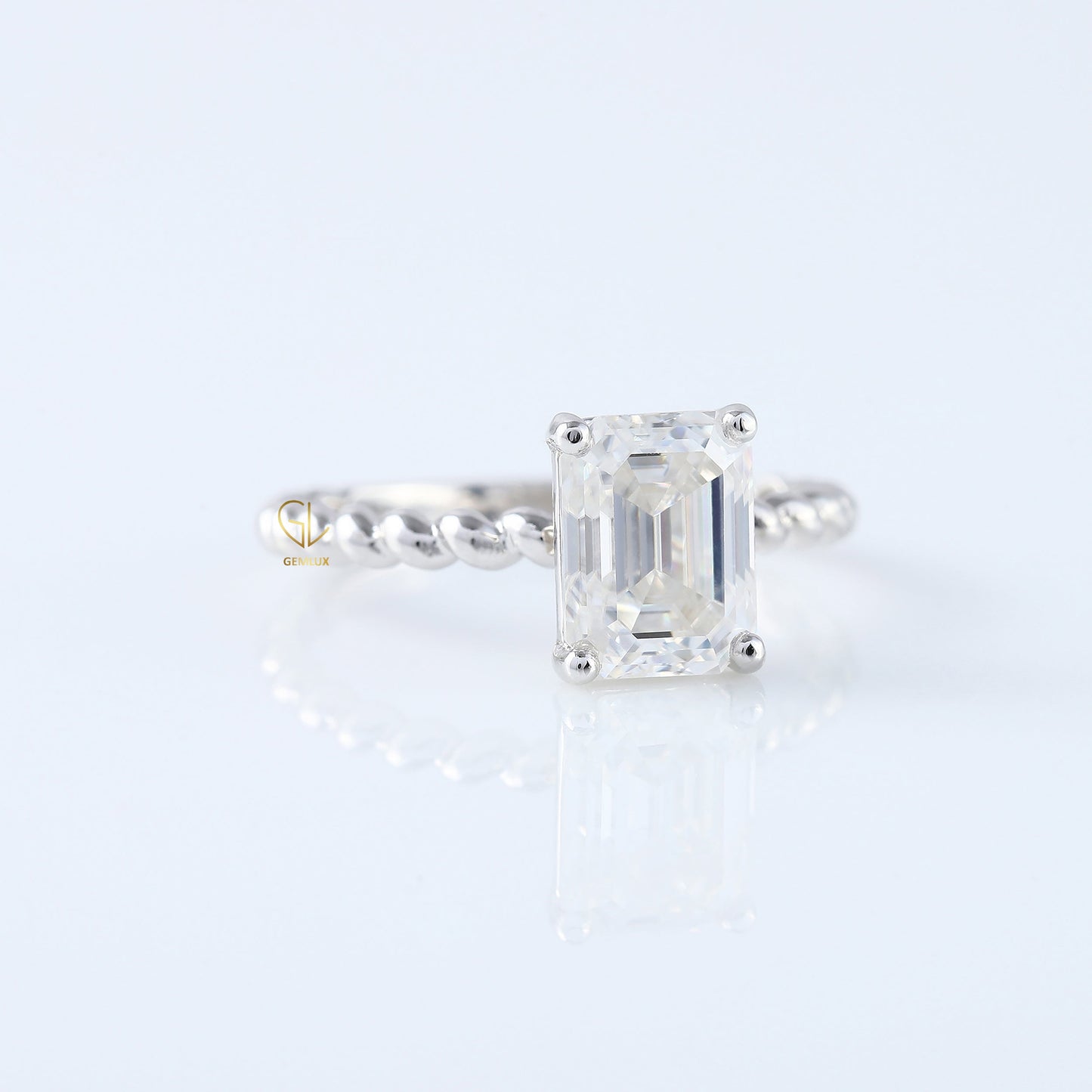 Twisted Emerald Cut Lab Grown Solitaire Rope Ring