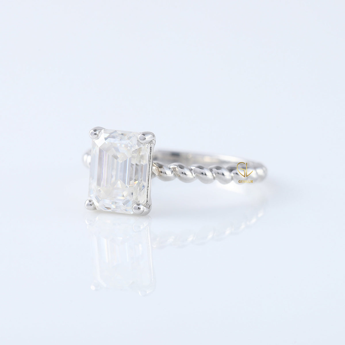 Twisted Emerald Cut Moissanite Solitaire Rope Braided Ring