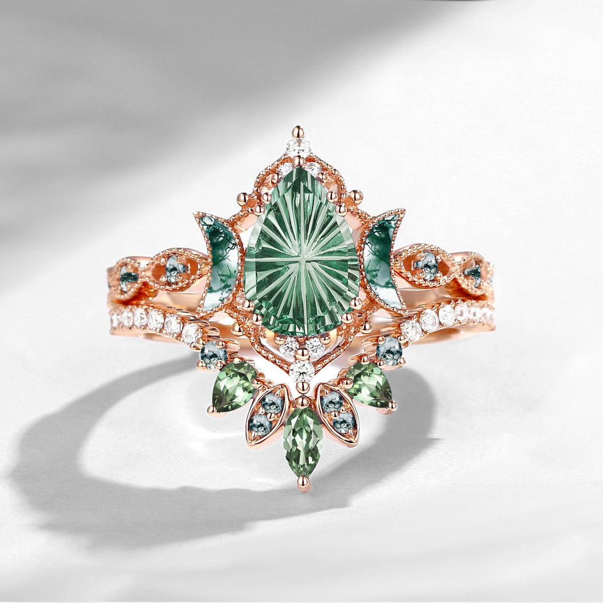Crescent Moon | Fantasy Carved Pear Lab Green Sapphire 'Ultra Galaxy' Engagement Ring Set 2pcs