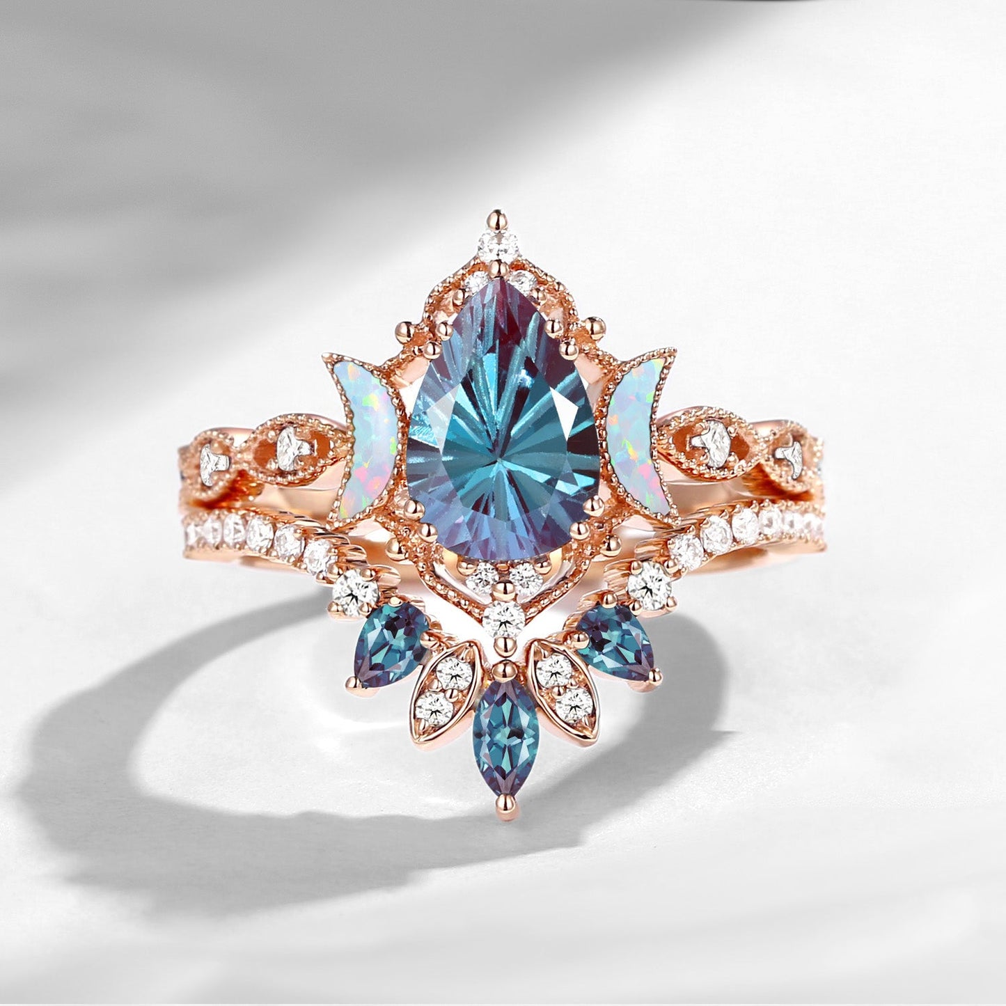 'Ultra Galaxy' - Firework Cut Pear  Lab Alexandrite Engagement Ring Set
