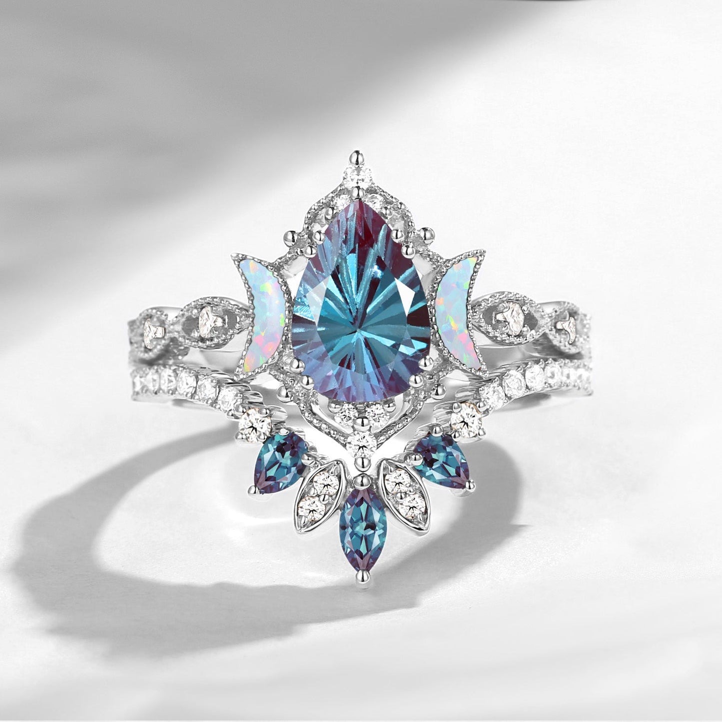 'Ultra Galaxy' - Firework Cut Pear  Lab Alexandrite Engagement Ring Set