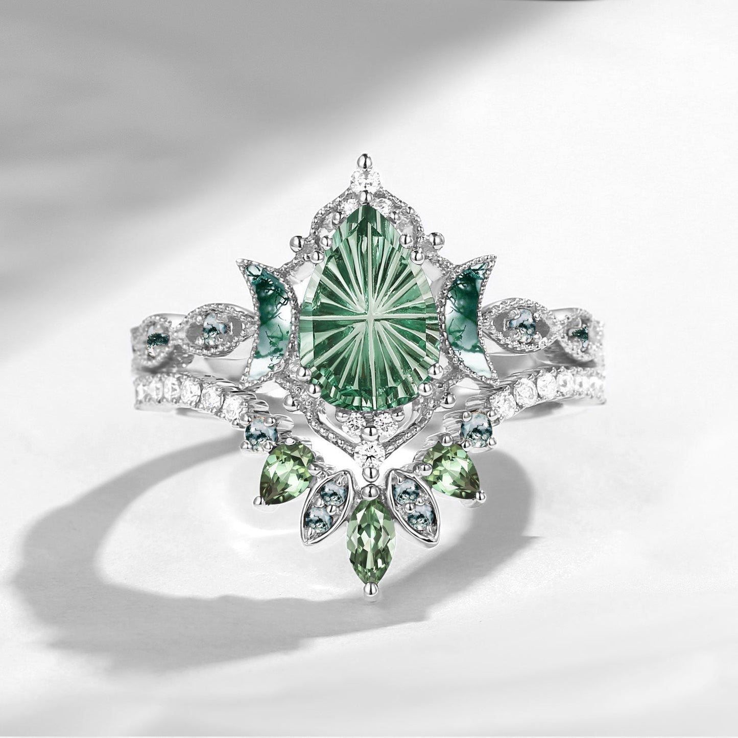 Crescent Moon | Fantasy Carved Pear Lab Green Sapphire 'Ultra Galaxy' Engagement Ring Set 2pcs