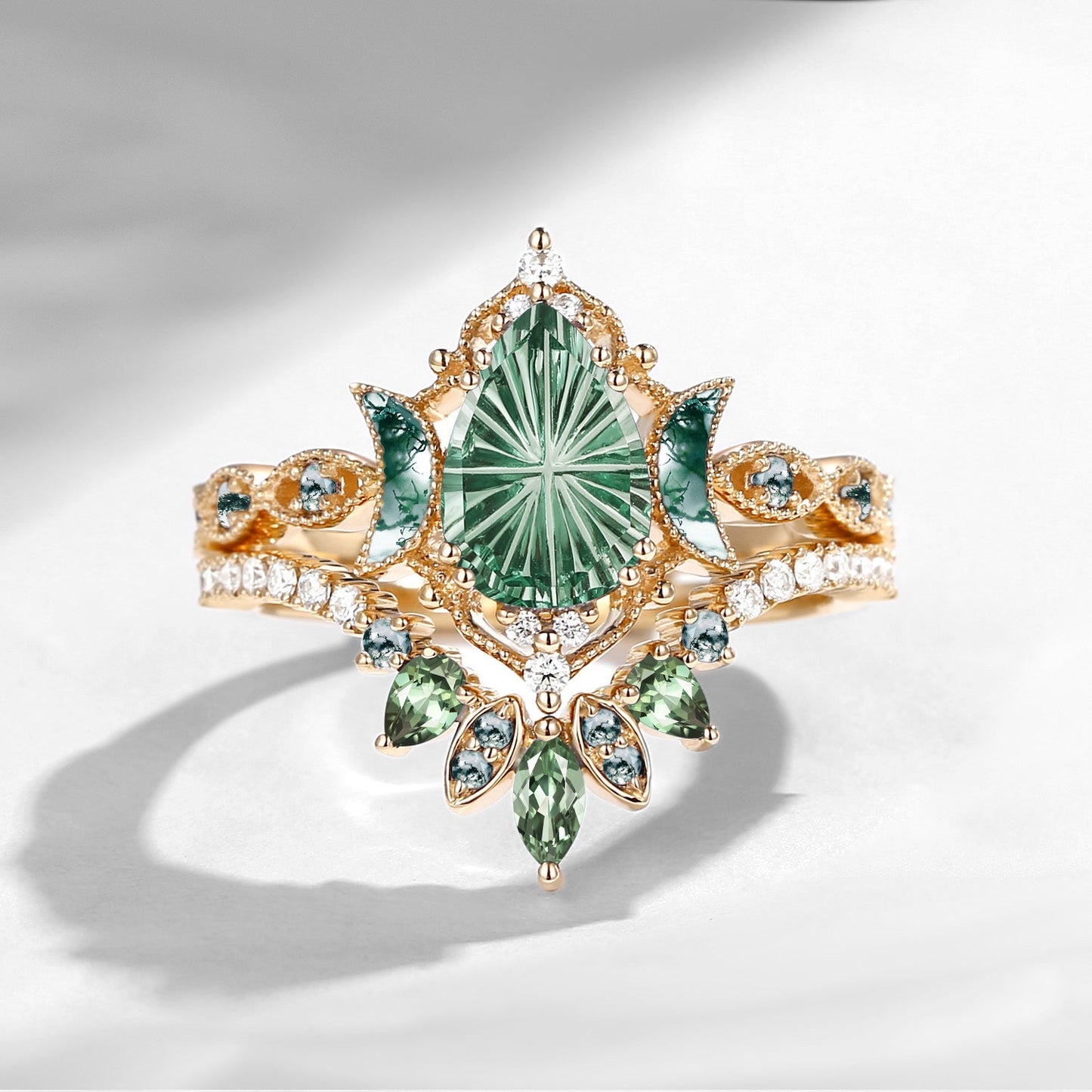 Crescent Moon | Fantasy Carved Pear Lab Green Sapphire 'Ultra Galaxy' Engagement Ring Set 2pcs